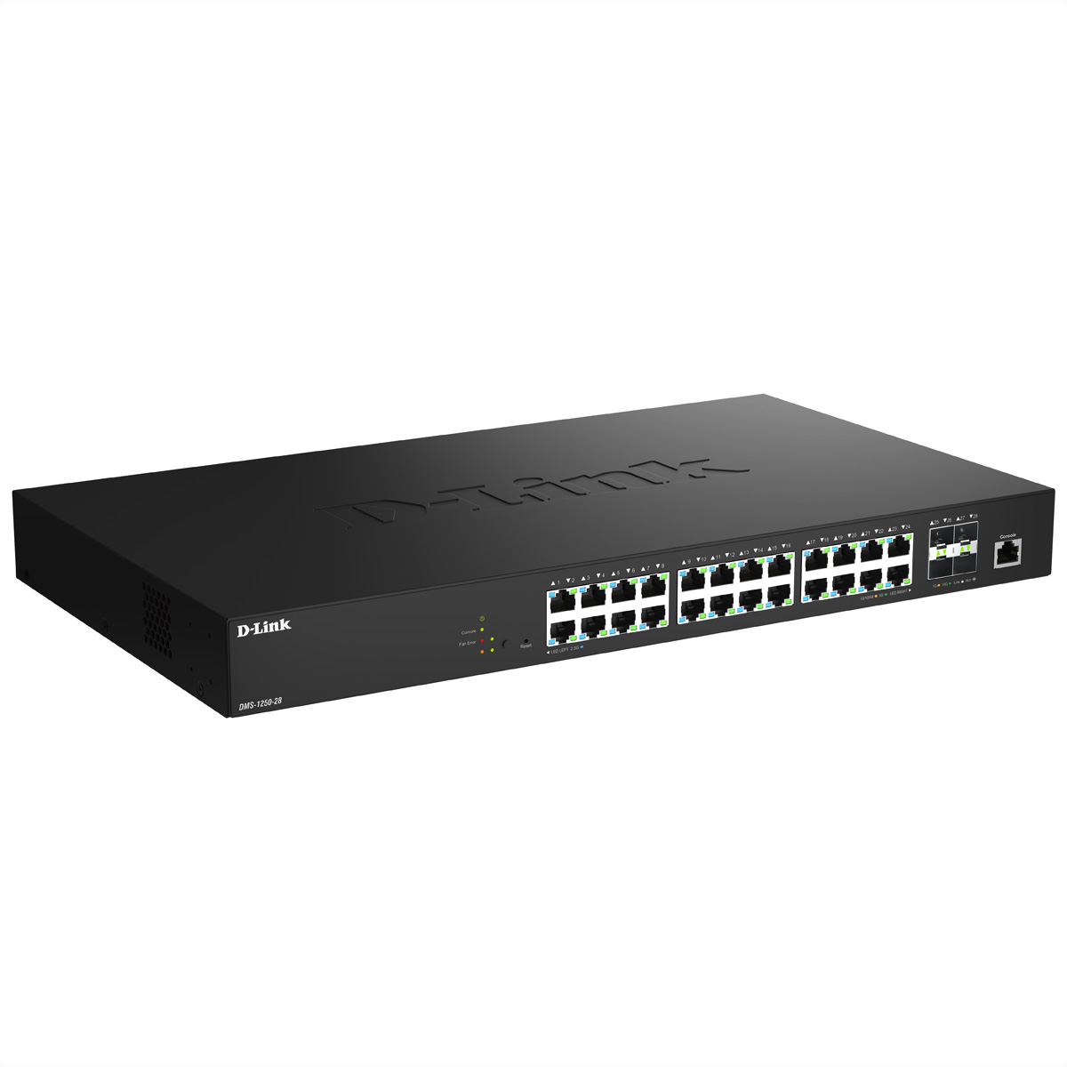 Switch di rete D-Link nero con 24 porte e luci di stato sul pannello anteriore.