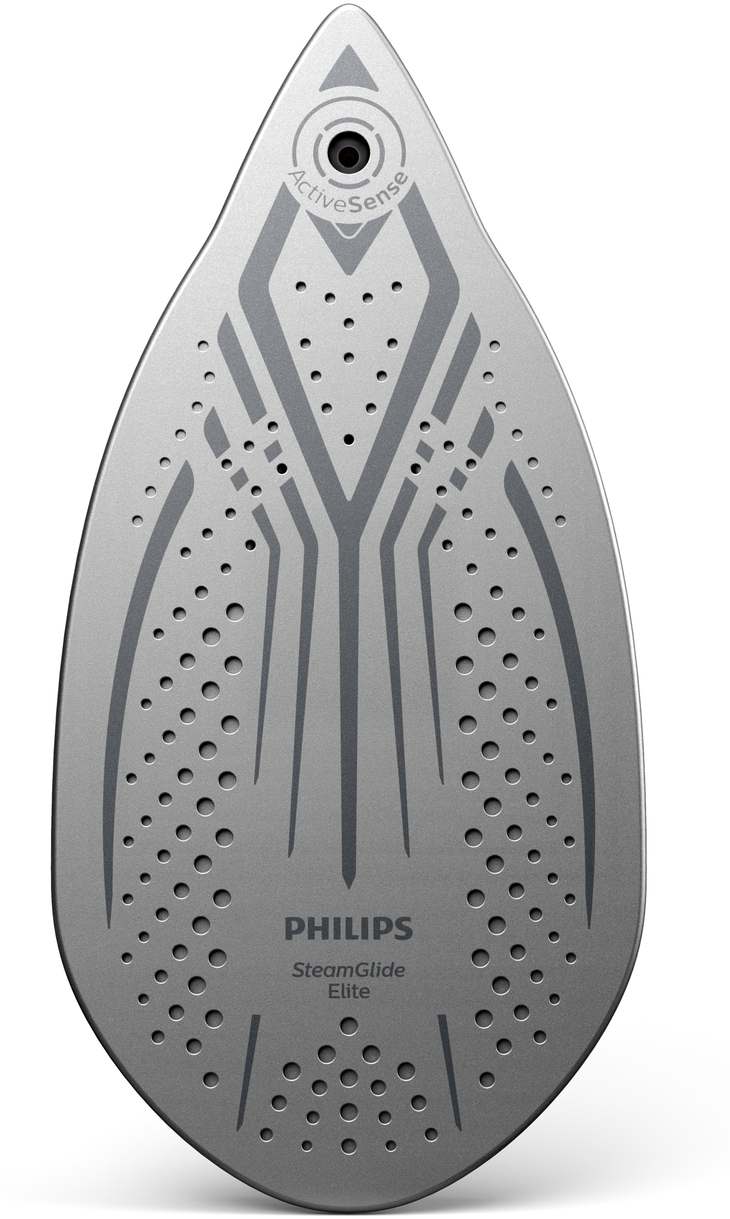 Philips SteamGlide Elite ütünün tabanı, buhar delikleri ve gri tasarım öğeleri görünüyor.
