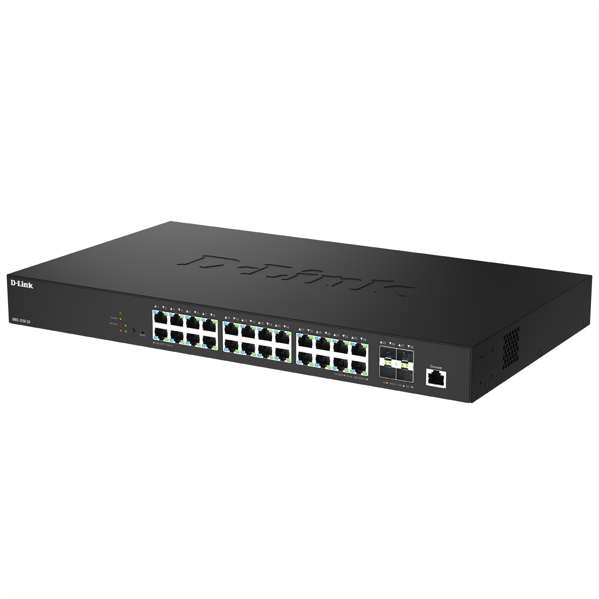 Uno switch di rete D-Link nero a 24 porte con porte Ethernet visibili e spie di stato.