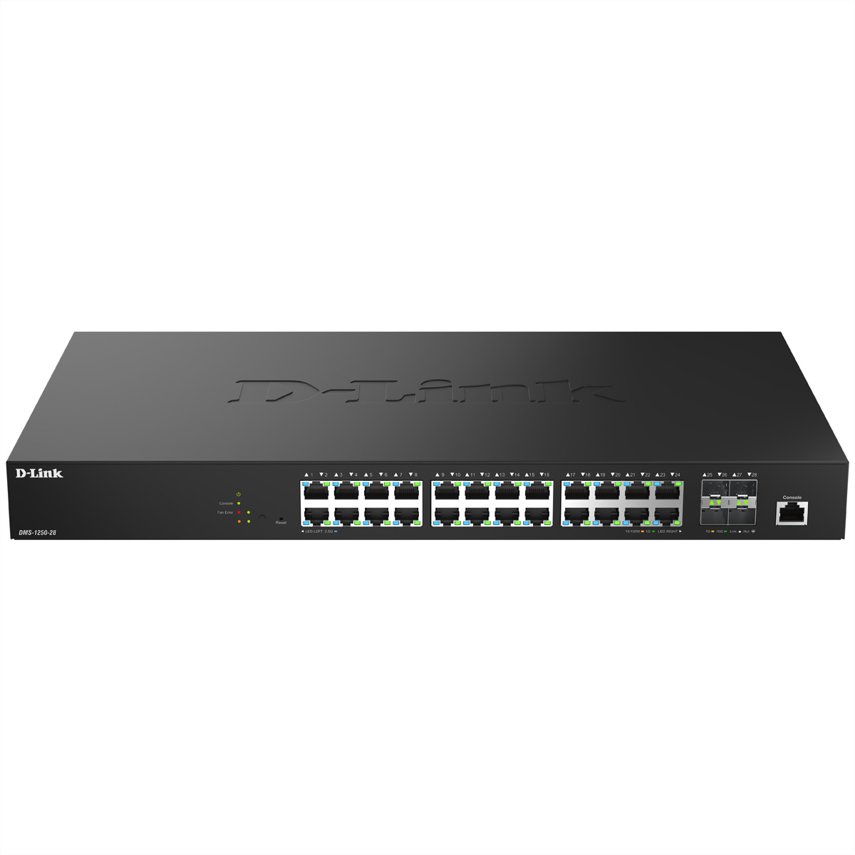 Uno switch di rete D-Link nero a 28 porte con porte RJ45 e LED di stato.
