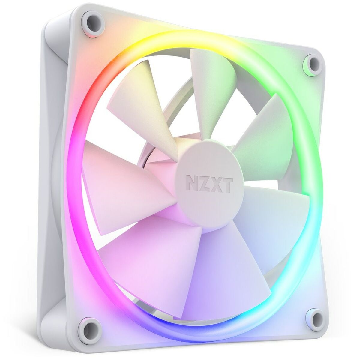 Ventola PC NZXT bianca con illuminazione RGB in tonalità rosa, viola, blu e verdi.