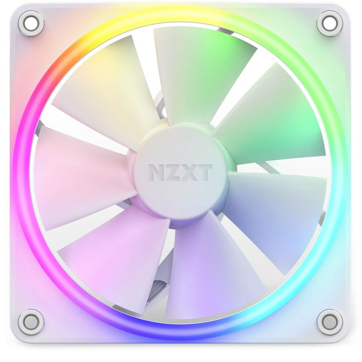 Ventola PC NZXT bianca con illuminazione RGB arcobaleno e pale bianche.