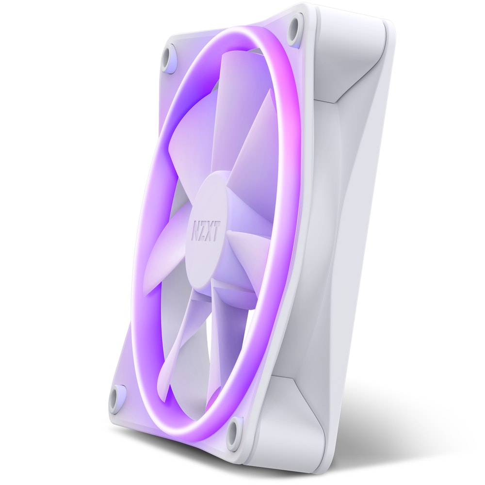 Ventilatore bianco per computer con illuminazione LED viola. Il logo NZXT è visibile.