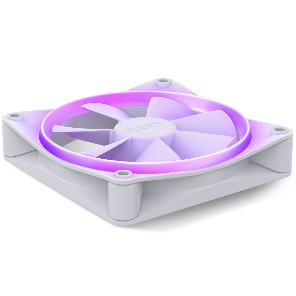 Una ventola per computer NZXT bianca con illuminazione LED viola sul bordo.