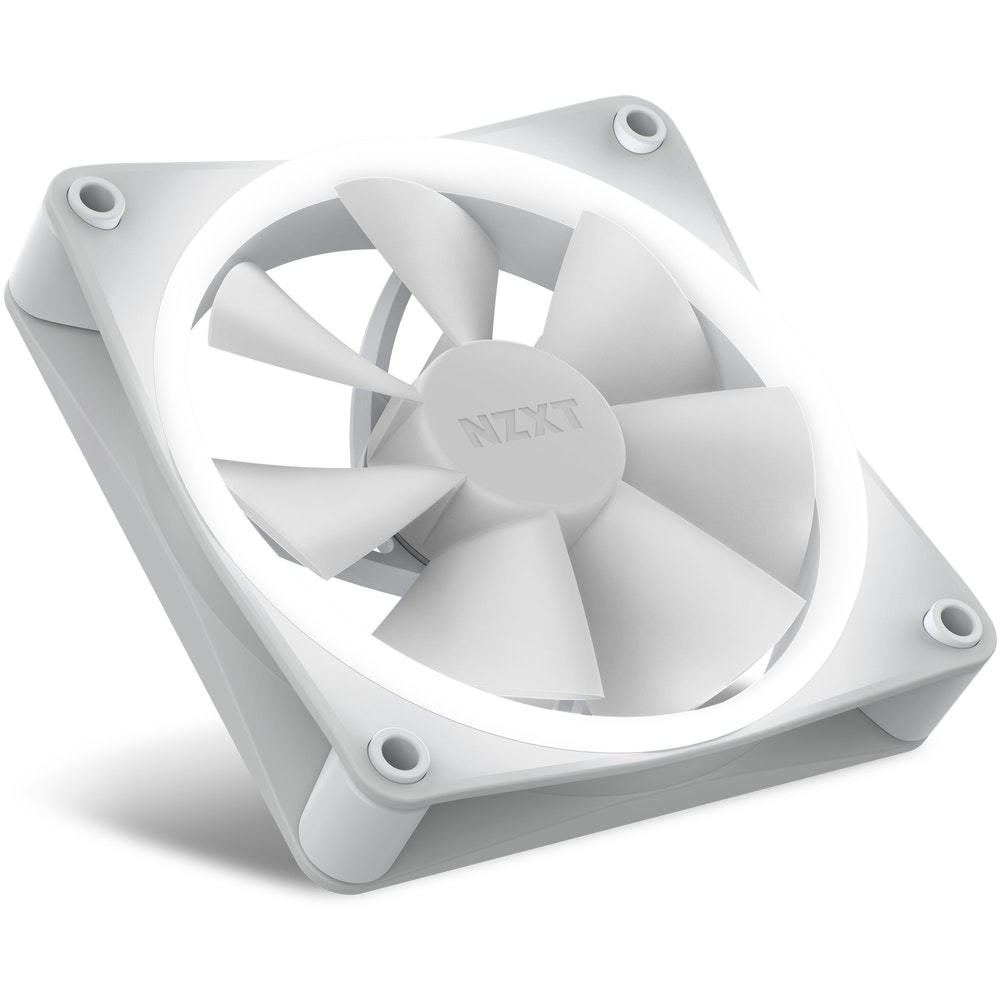 Una ventola per PC NZXT bianca con un anello LED bianco brillante.