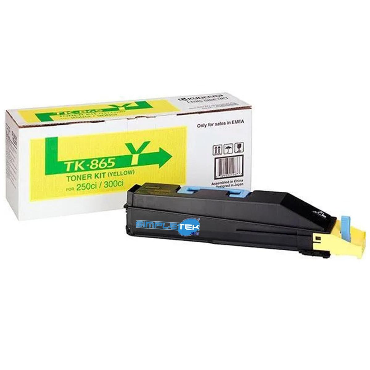 Scatola toner gialla e cartuccia toner nera con accenti blu e gialli.