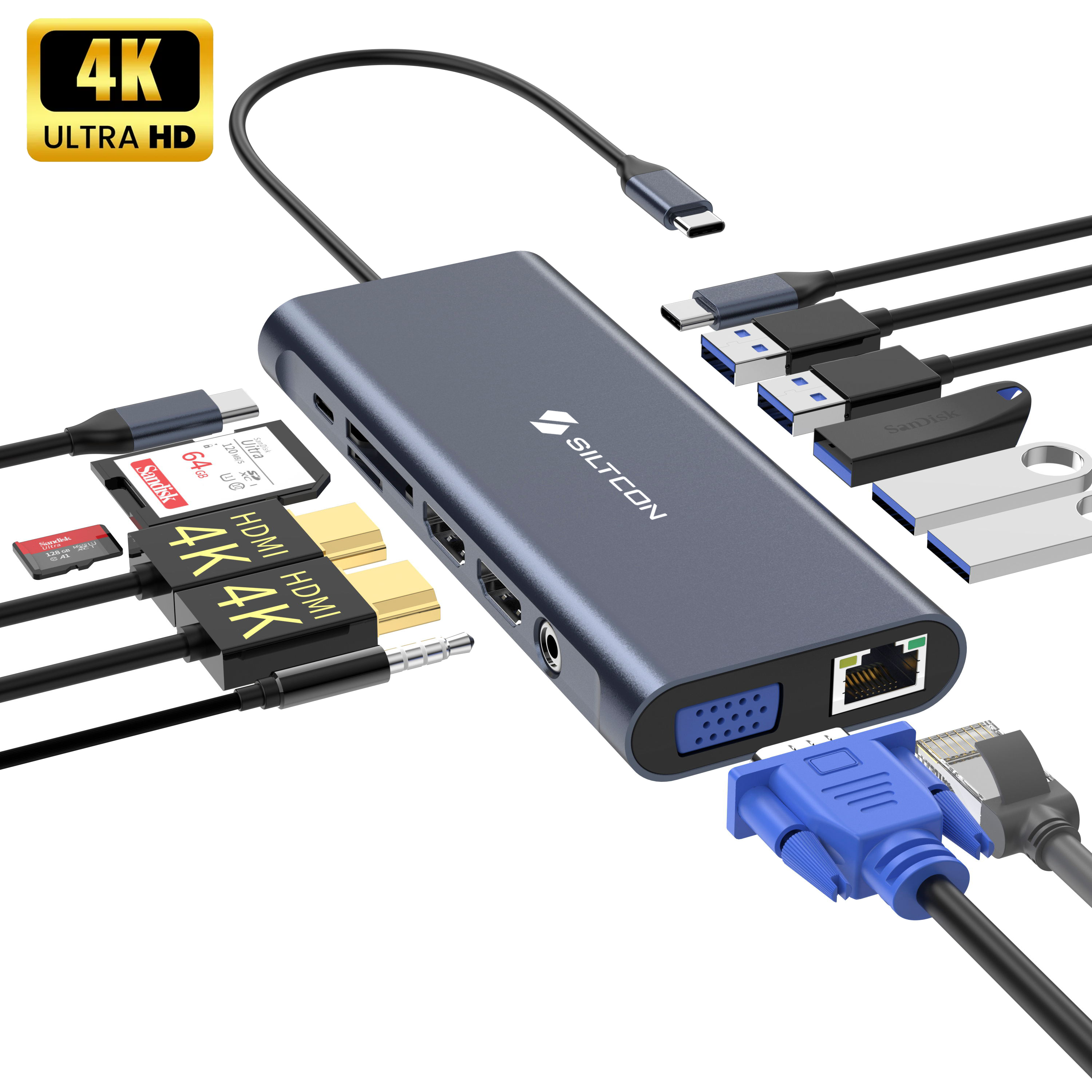 A gray USB-C hub with multiple ports, SD cards, and HDMI cables.