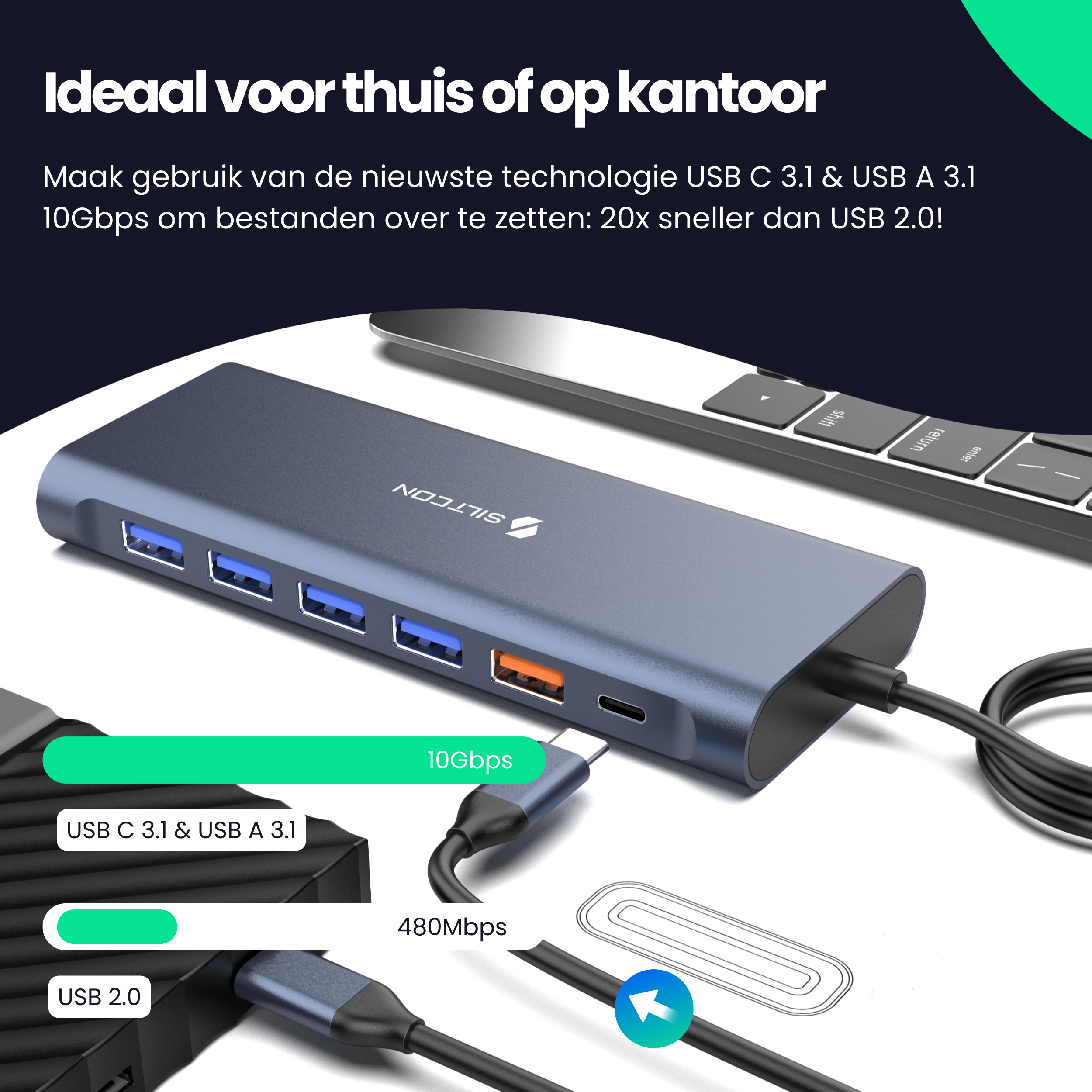 A USB-C hub with multiple ports and a USB-A port supporting 10Gbps speeds.