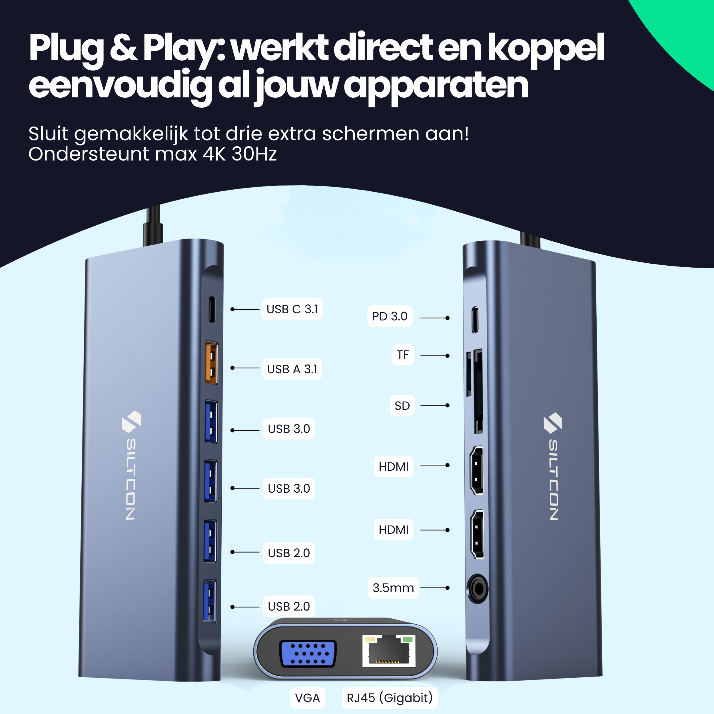 Silver USB-C hub with ports: USB-C, USB-A, HDMI, SD, TF, VGA, RJ45.