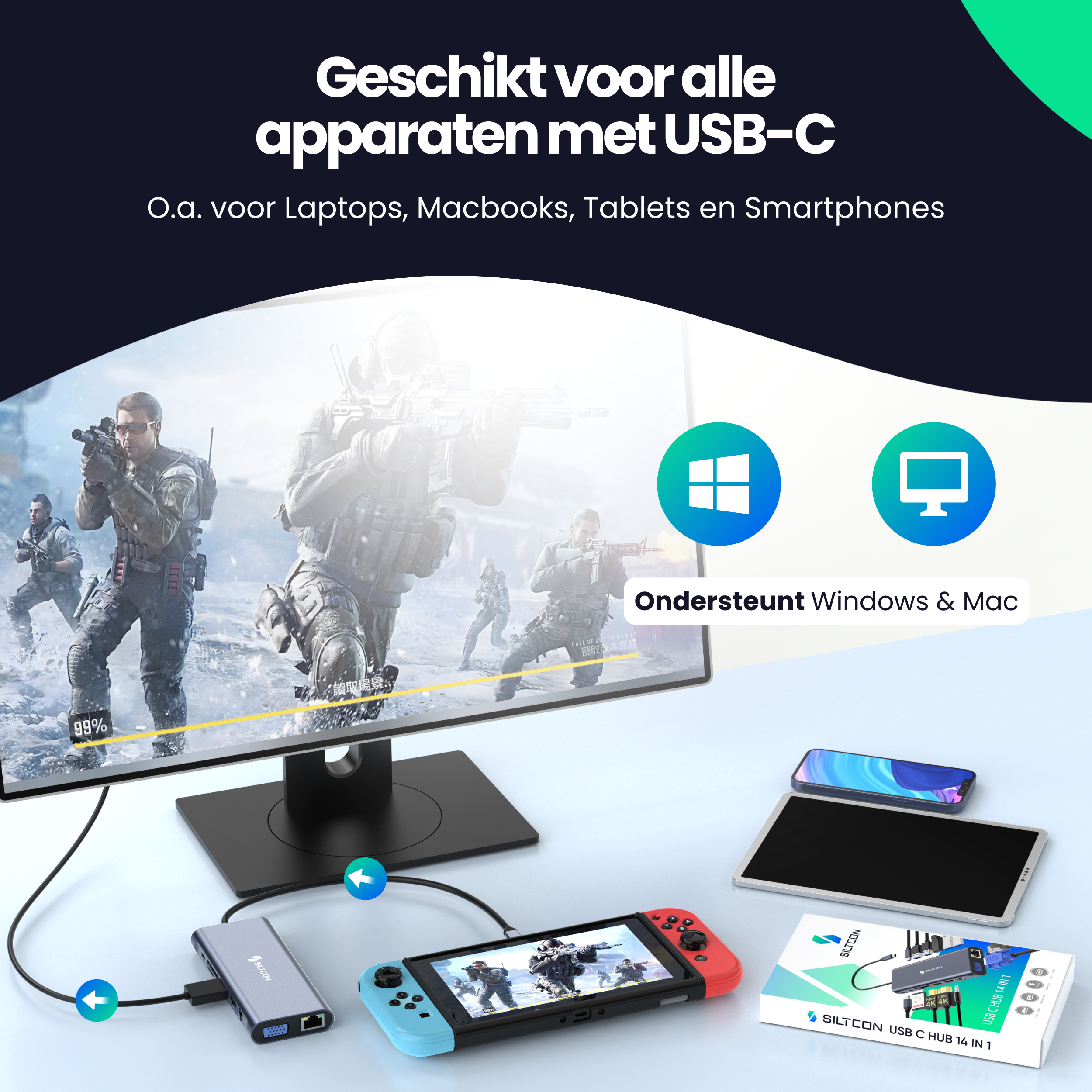 Gaming setup with monitor, Switch, tablet, smartphone, and USB-C hub.