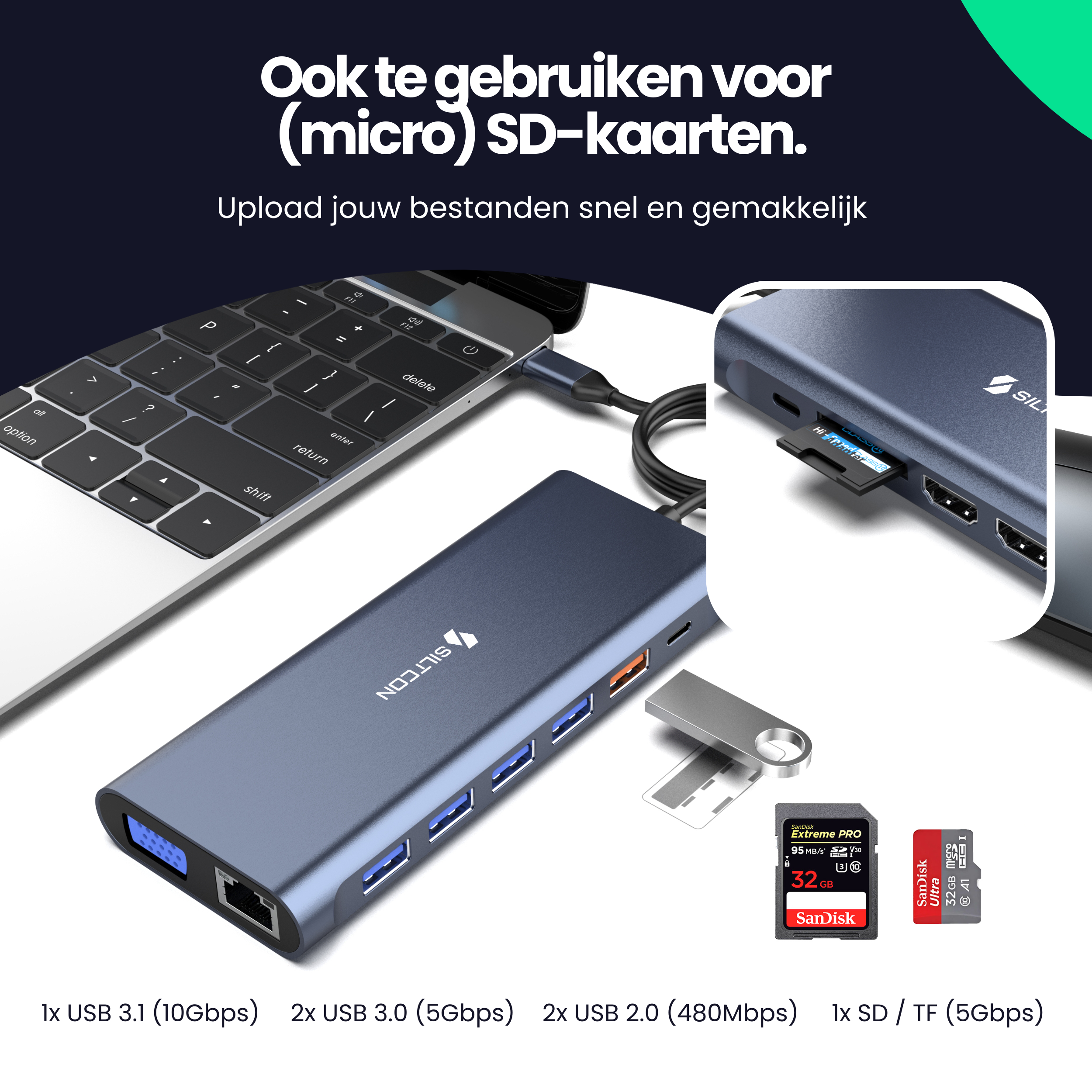 A USB-C hub with SD card reader next to a laptop, showing SD and microSD cards.