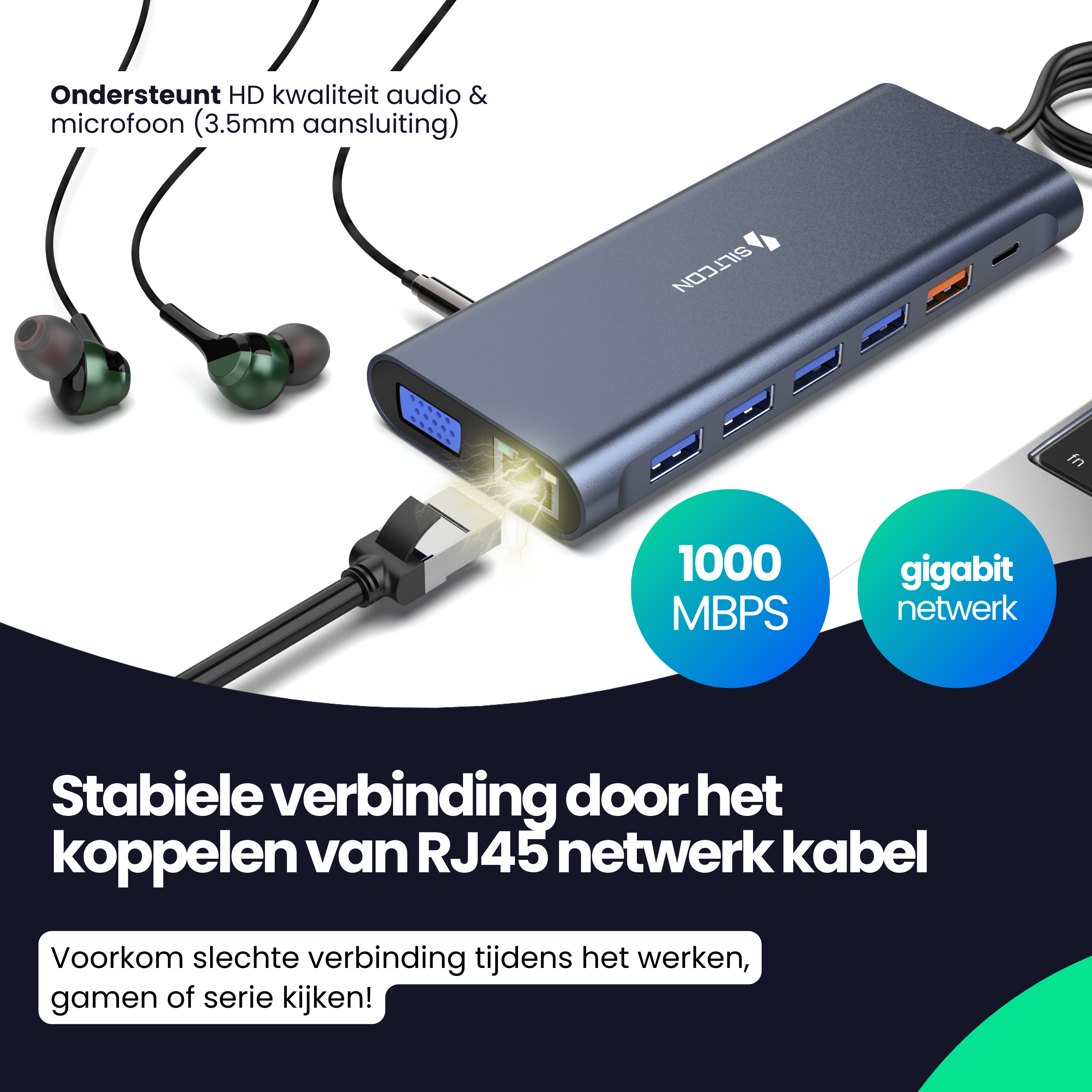 Gray USB-C hub with ports and green earbuds. Features 1000 MBPS and Gigabit network.