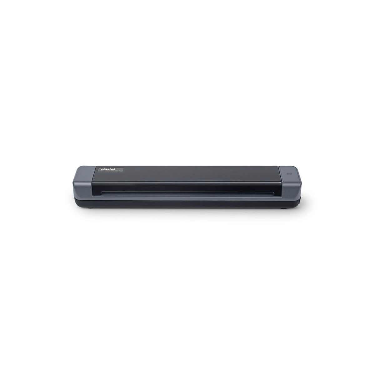 Uno scanner lungo, sottile, grigio scuro con base grigio chiaro su sfondo bianco.