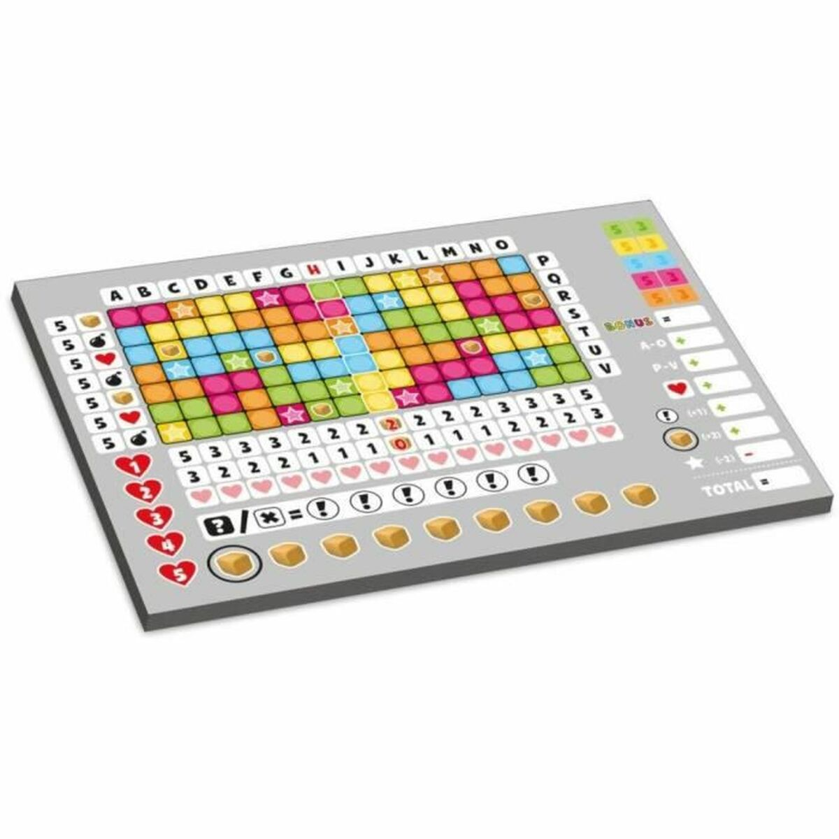 Een kleurrijk bordspel met een raster van vierkanten, letters, cijfers, harten en bommen.