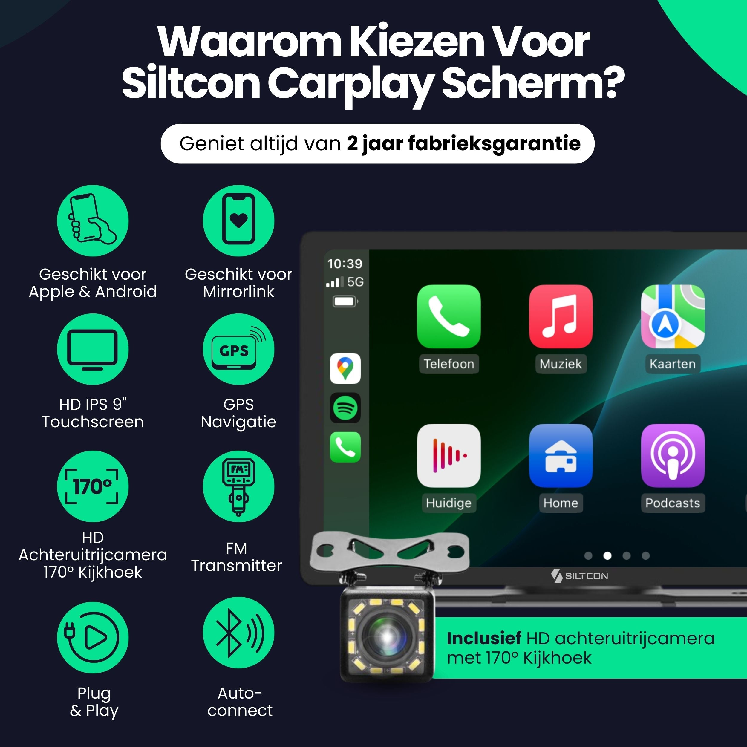 Siltcon Carplay screen features: Apple/Android compatibility, GPS, 9" touchscreen, 170° camera.