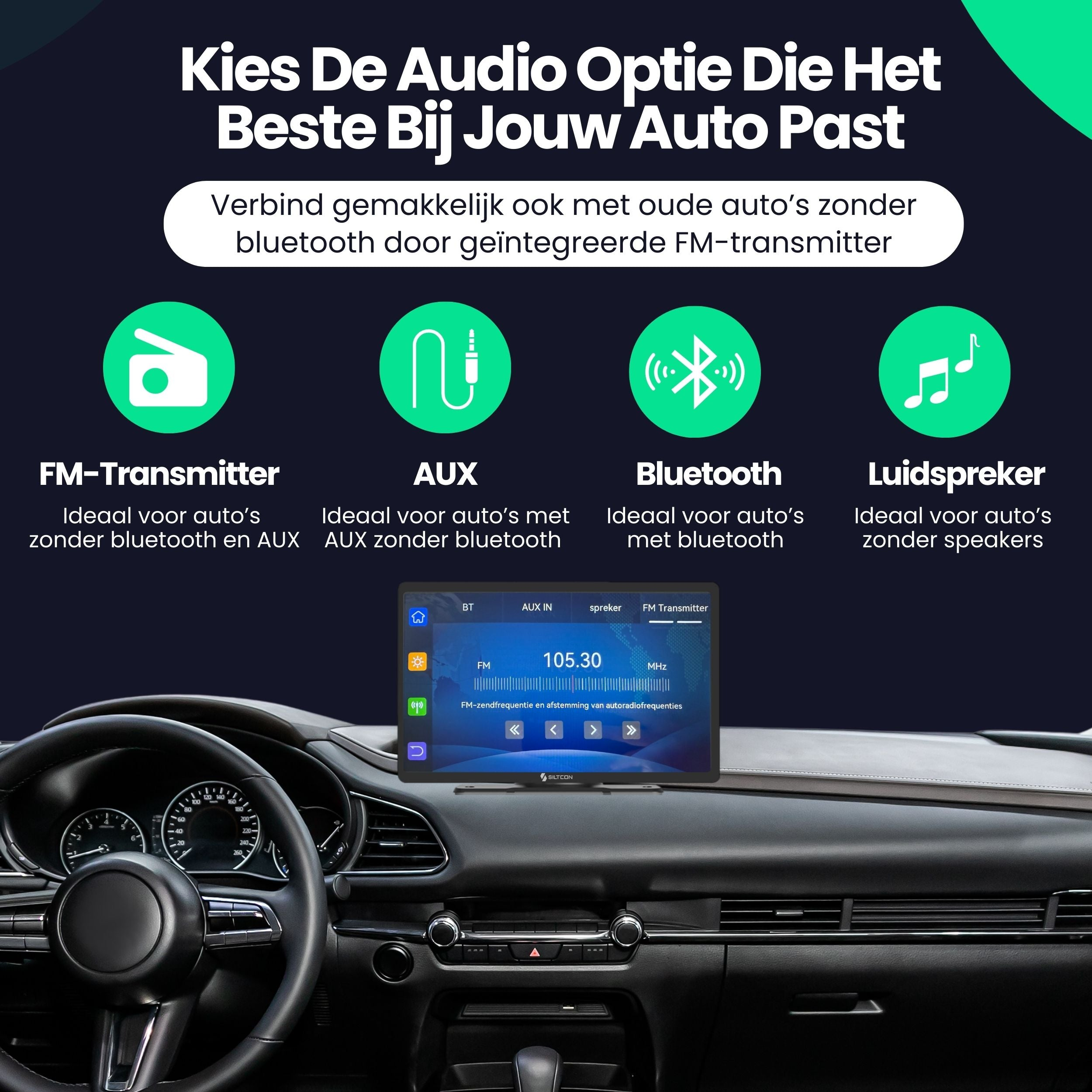 A car's dashboard screen displays FM 105.30 MHz with options for FM, Bluetooth, and AUX.