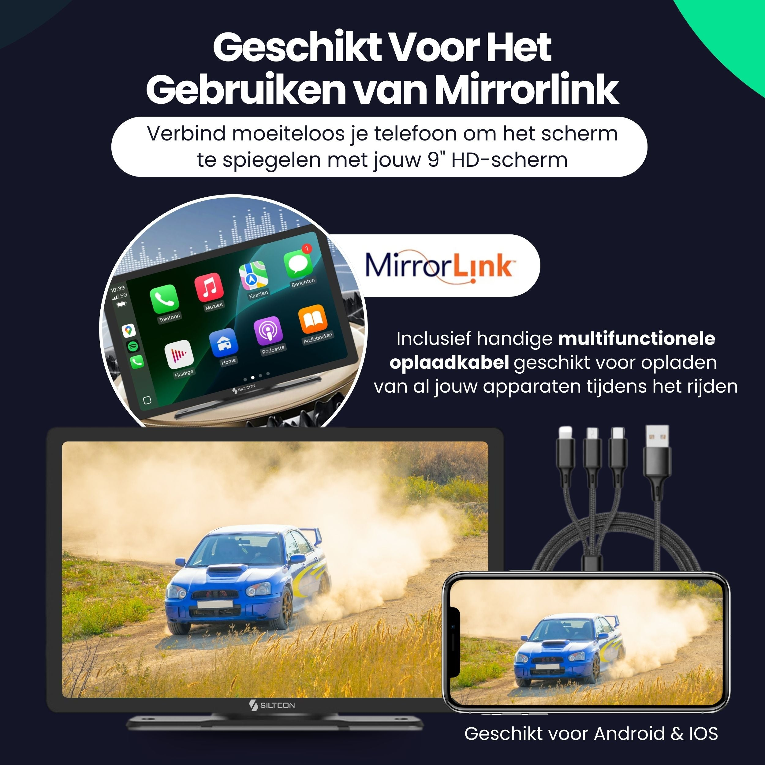 Car screen mirroring with MirrorLink, charging cables, and a blue car driving on a dirt road.