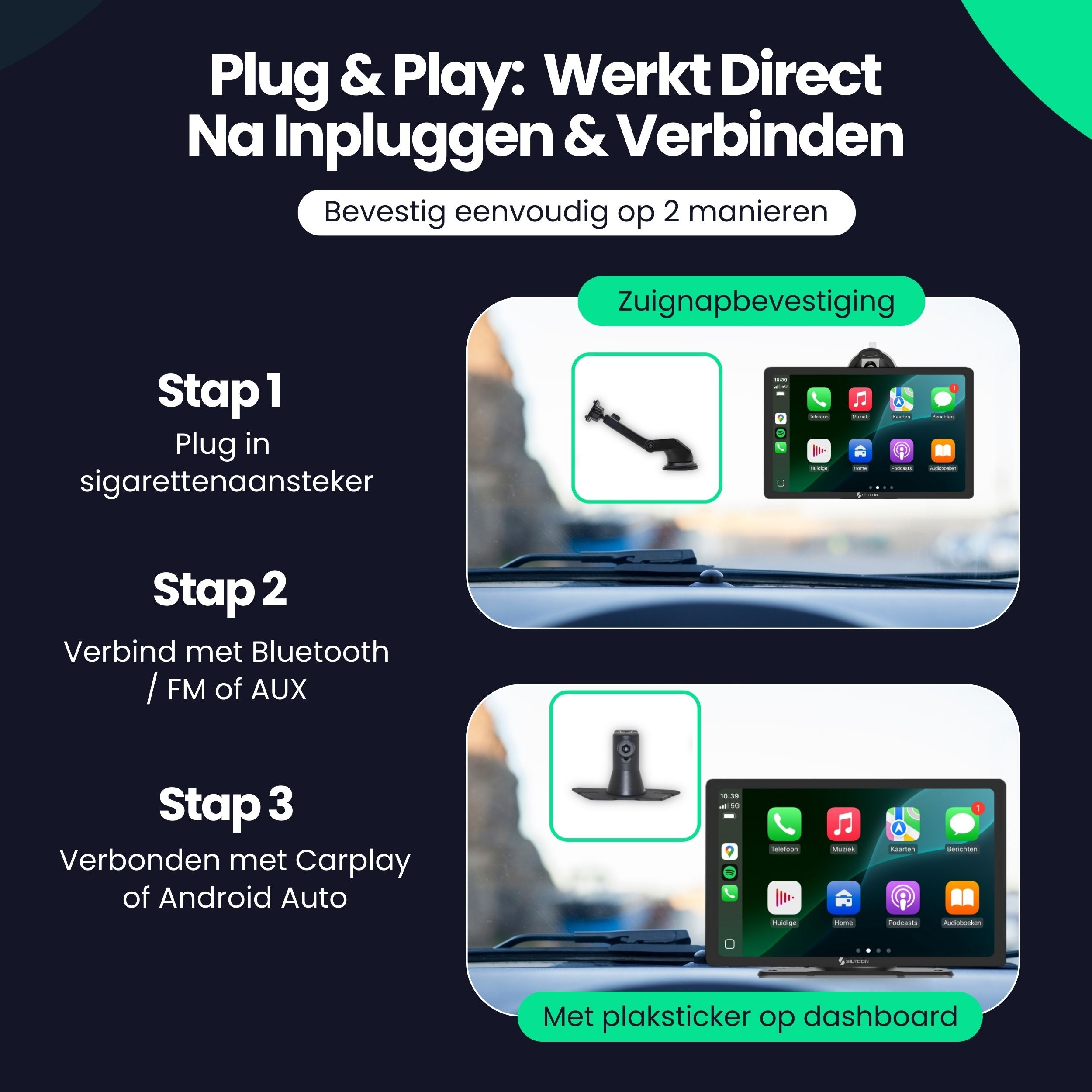Instructions: Plug in, connect via Bluetooth/FM/AUX, then Carplay/Android Auto.