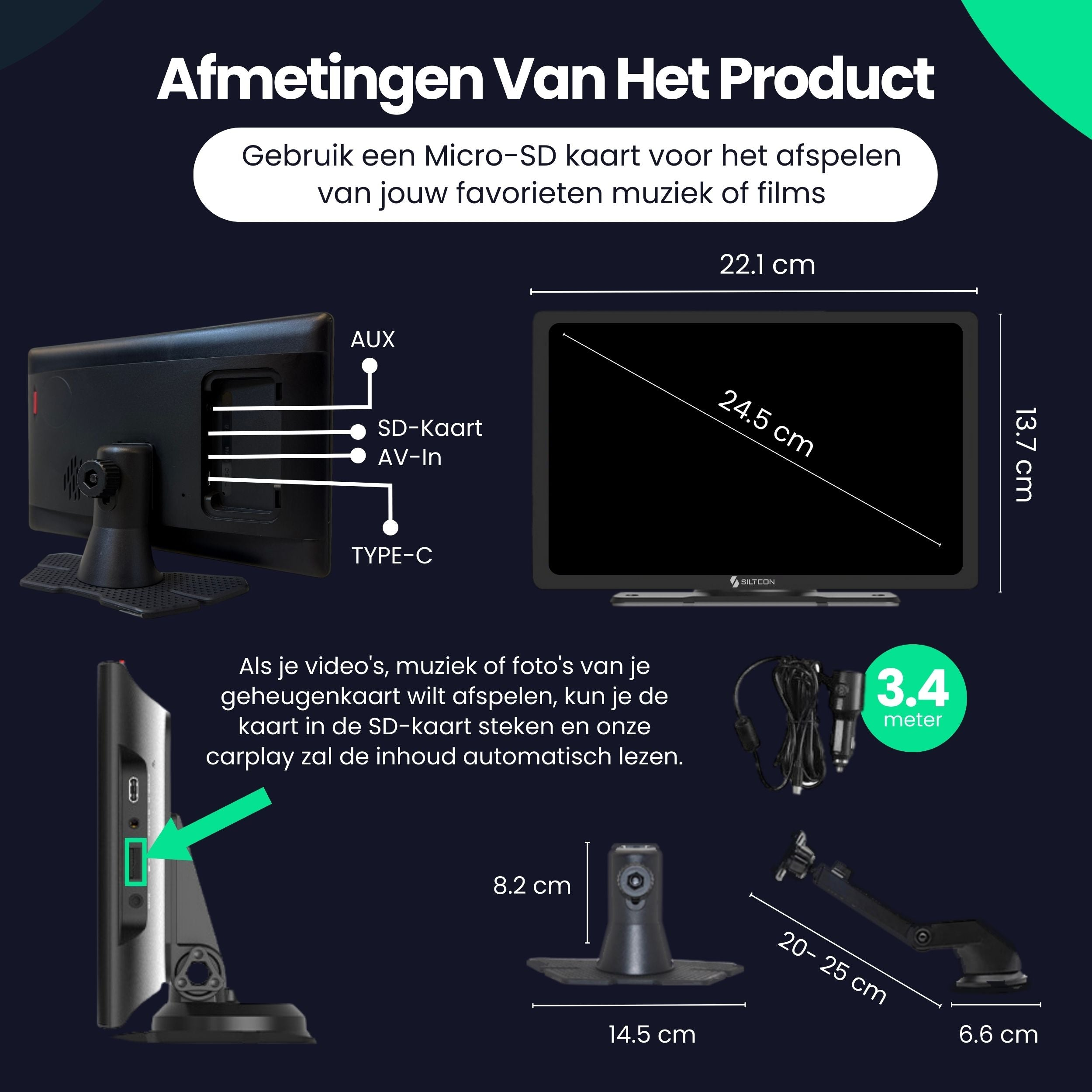 Product details: Screen, ports, camera, charging cable, dimensions.