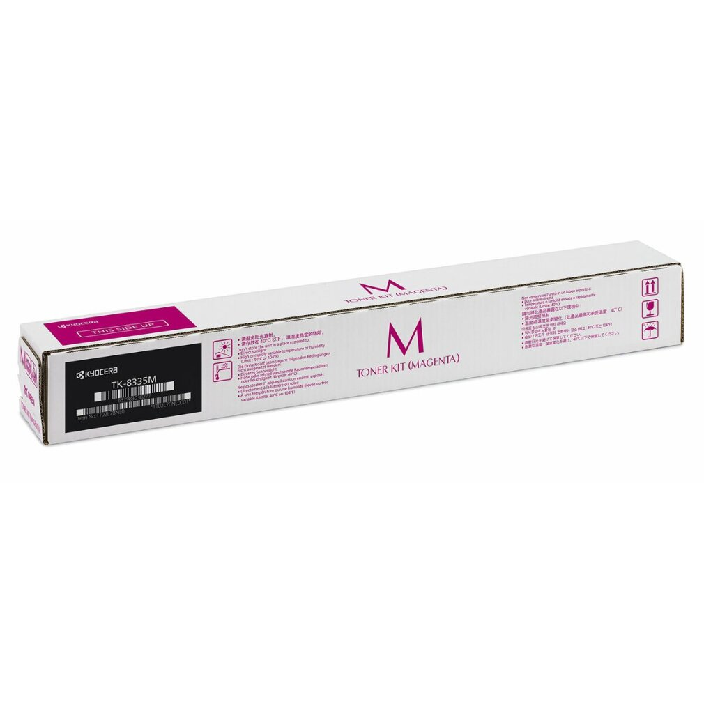 Doos voor Kyocera TK-8335M Magenta Toner Kit met waarschuwingssymbolen.