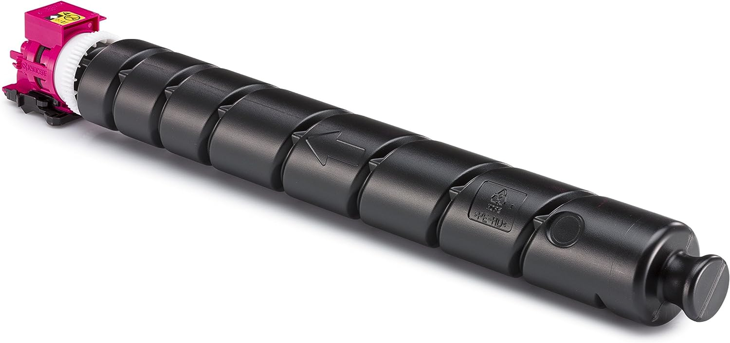Een zwarte tonercartridge met een roze bovenkant, op witte achtergrond.