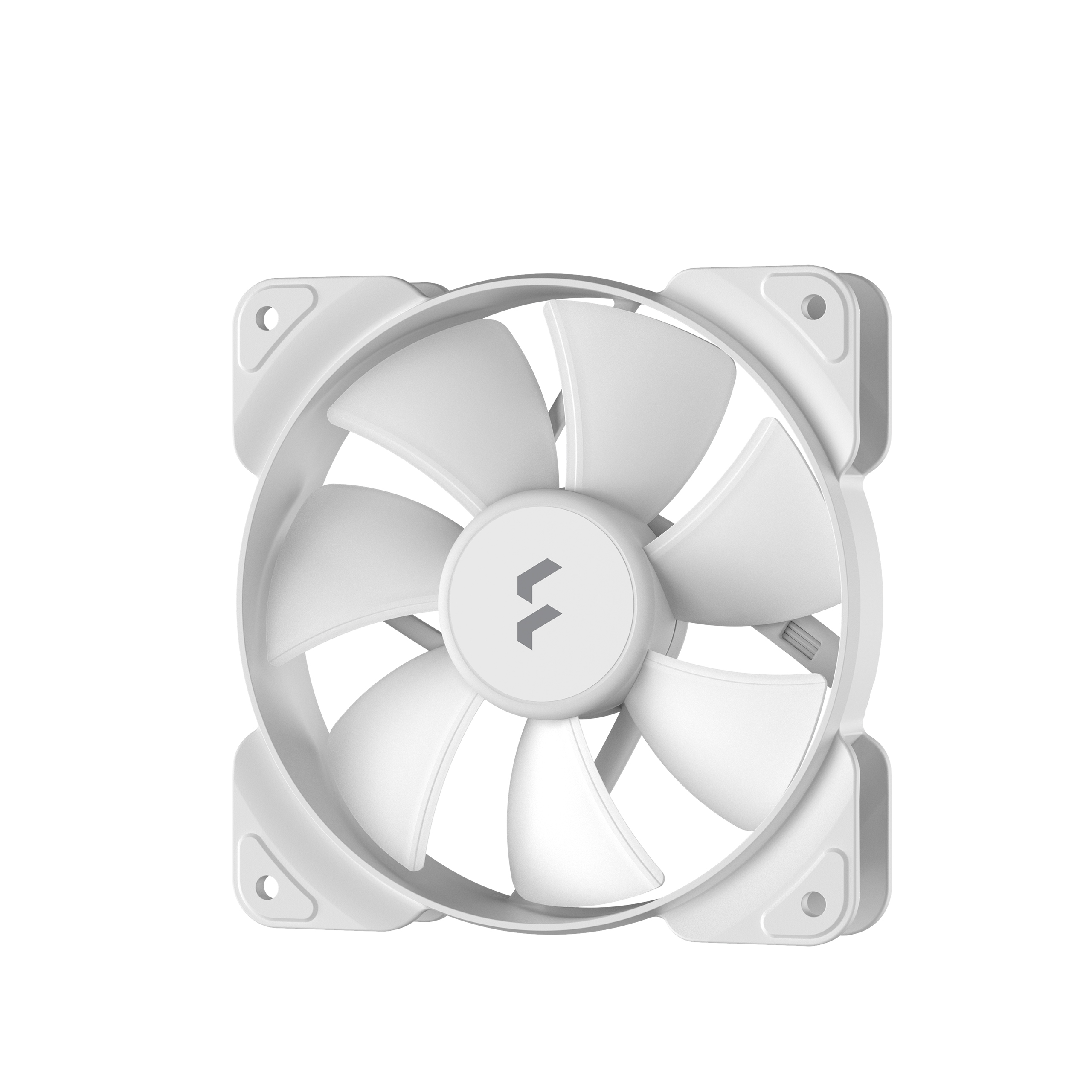 Una ventola PC bianca con pale grigie e un logo centrale.