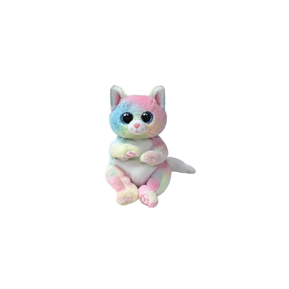 Un giocattolo di gatto di peluche colorato siede dritto con grandi occhi scintillanti.