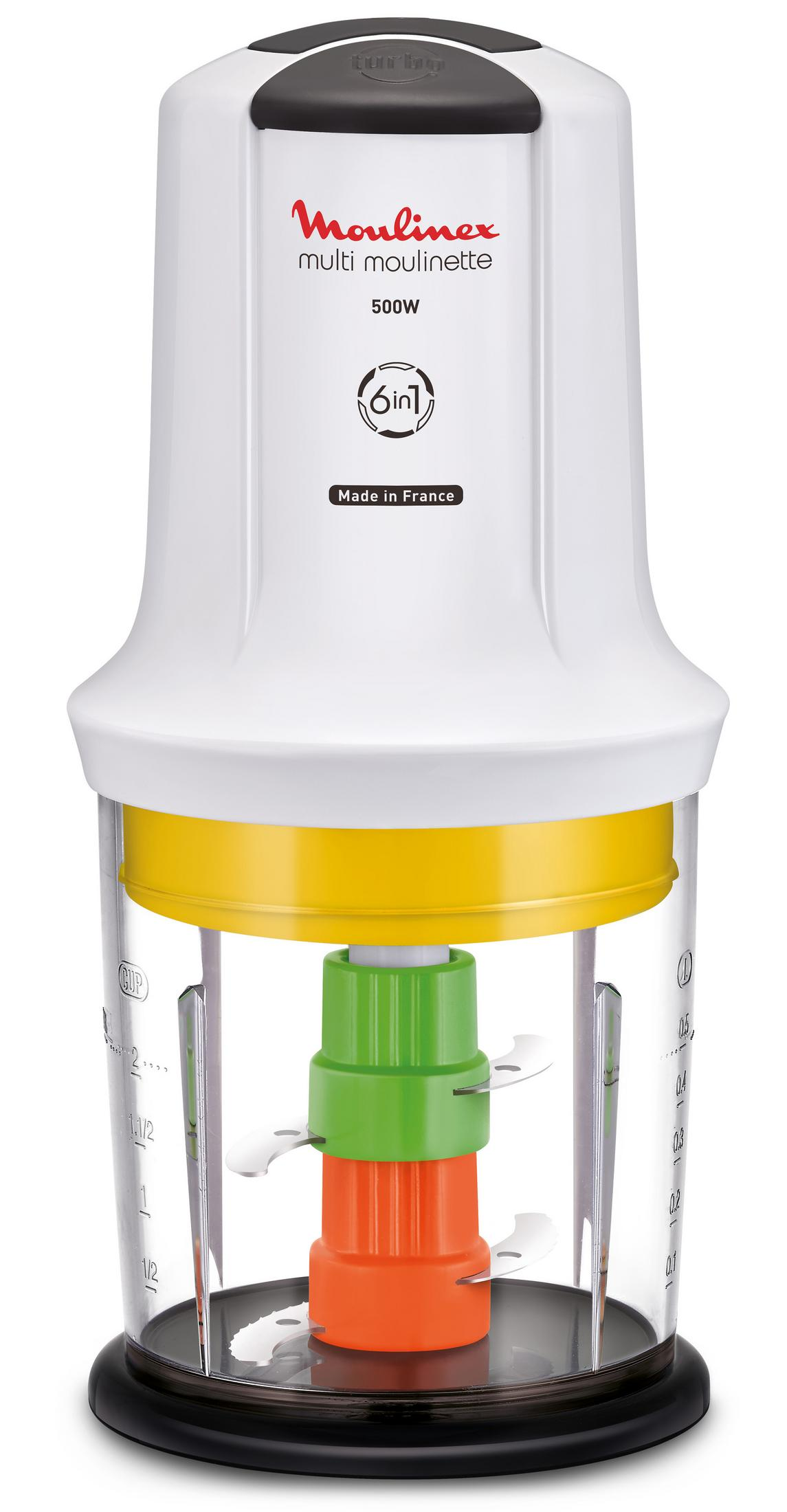 Weißer Moulinex Multi Moulinette Zerkleinerer mit 6in1 Logo, 500W, Made in France.