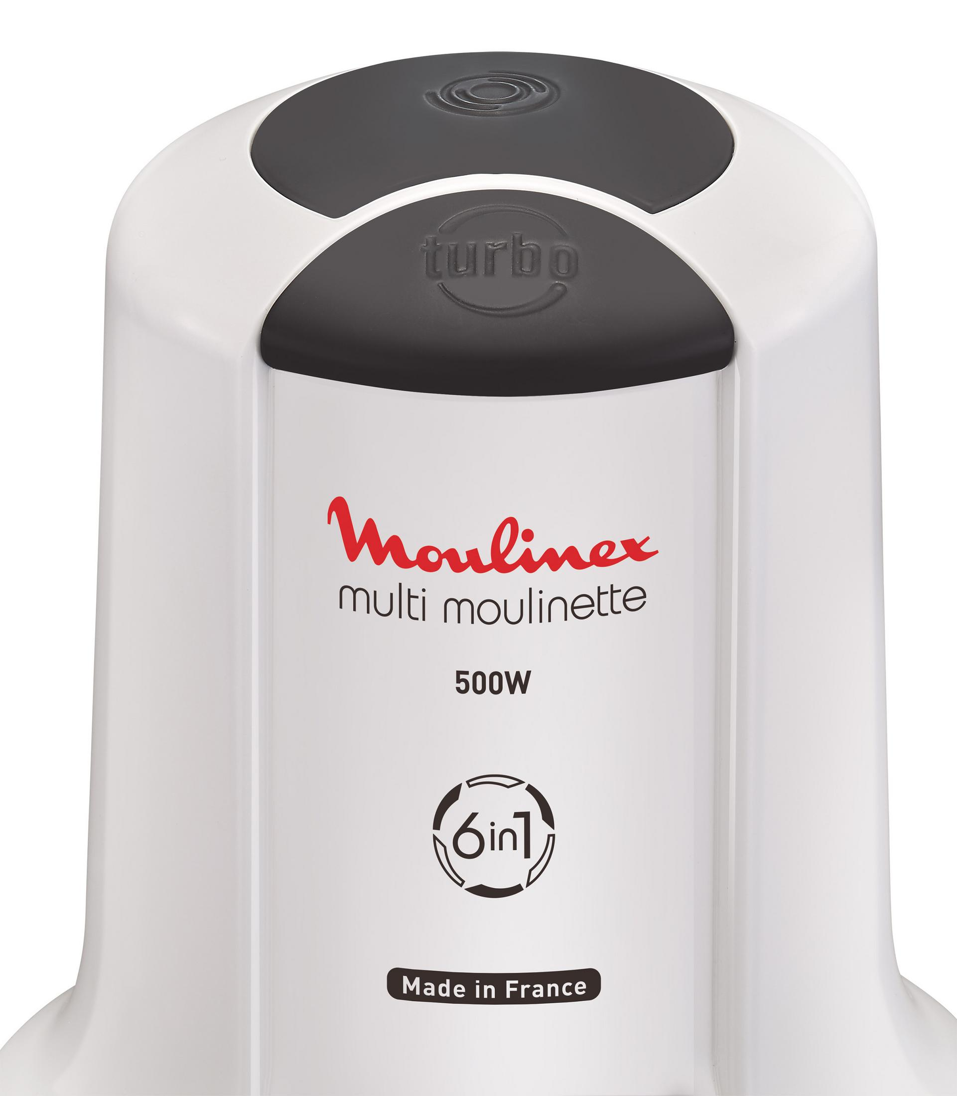 Weißer Moulinex Multi Moulinette, 500W, 6-in-1, Made in France.
