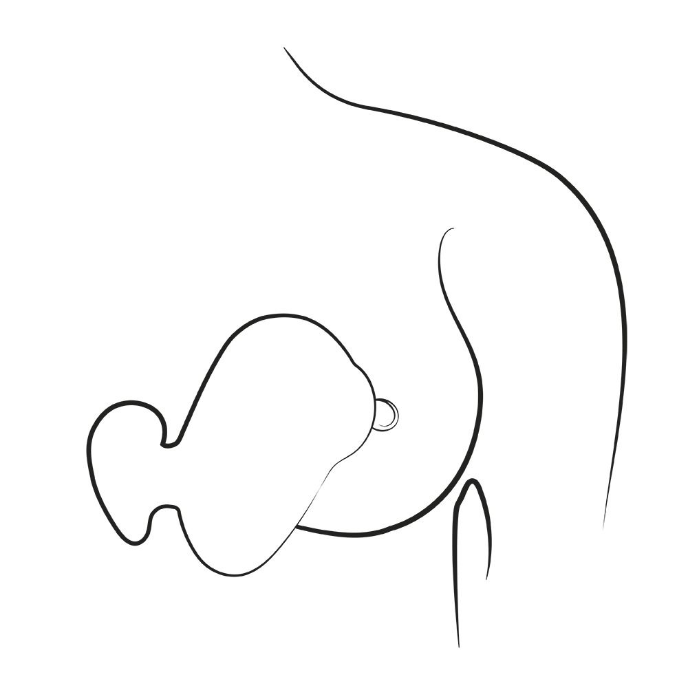Un dibujo lineal estilizado de un pecho con un bebé siendo amamantado.