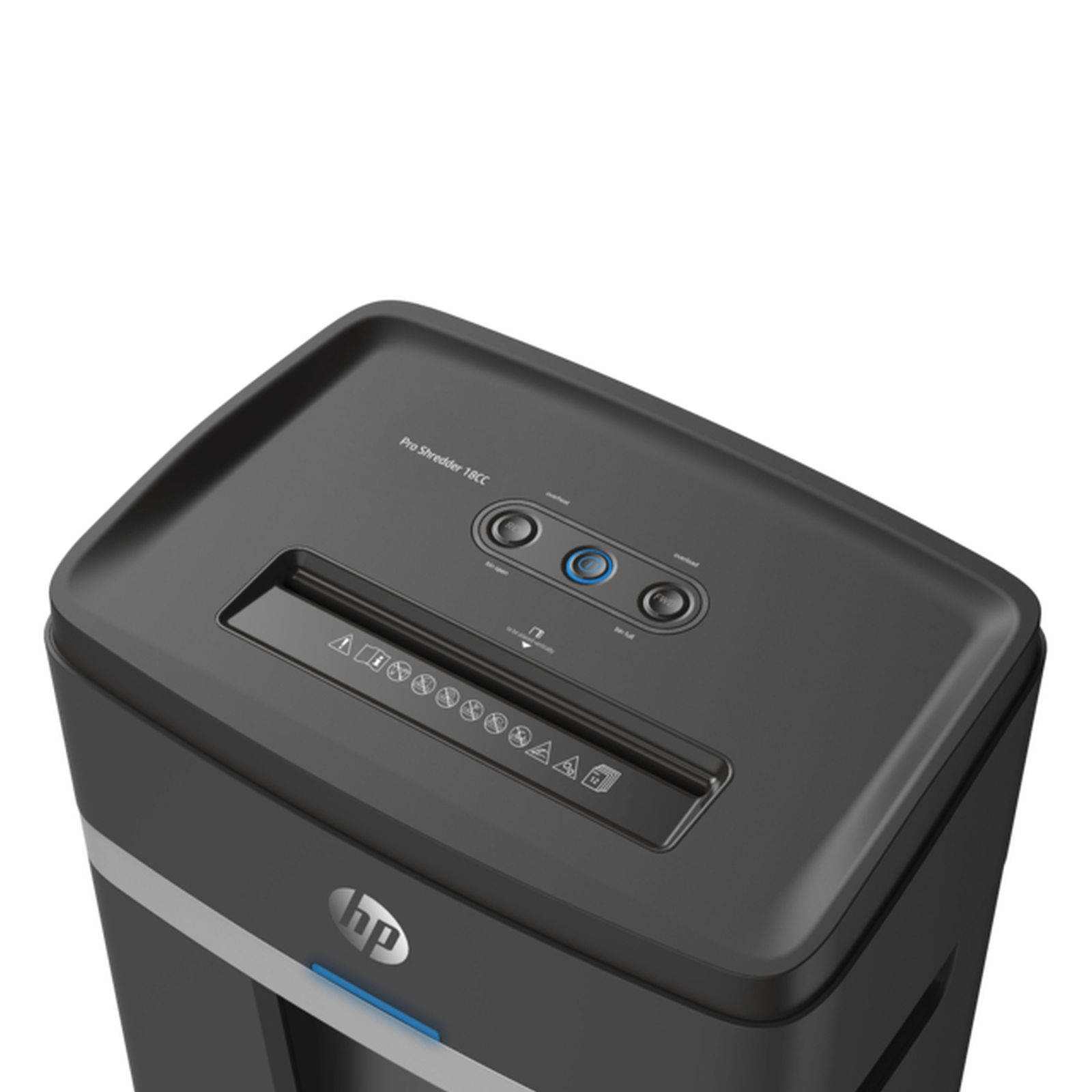 Distruggidocumenti HP nero con controlli e logo HP. Vista dall'alto.