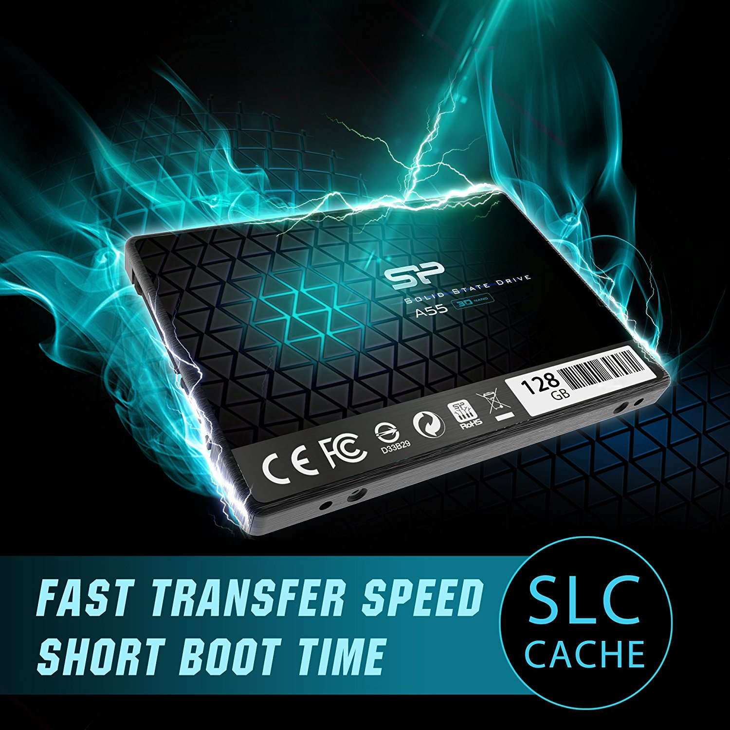 Dysk SSD SP A55, 128 GB, z niebieskimi efektami energii i napisem 'Szybka prędkość transferu Krótki czas rozruchu'.