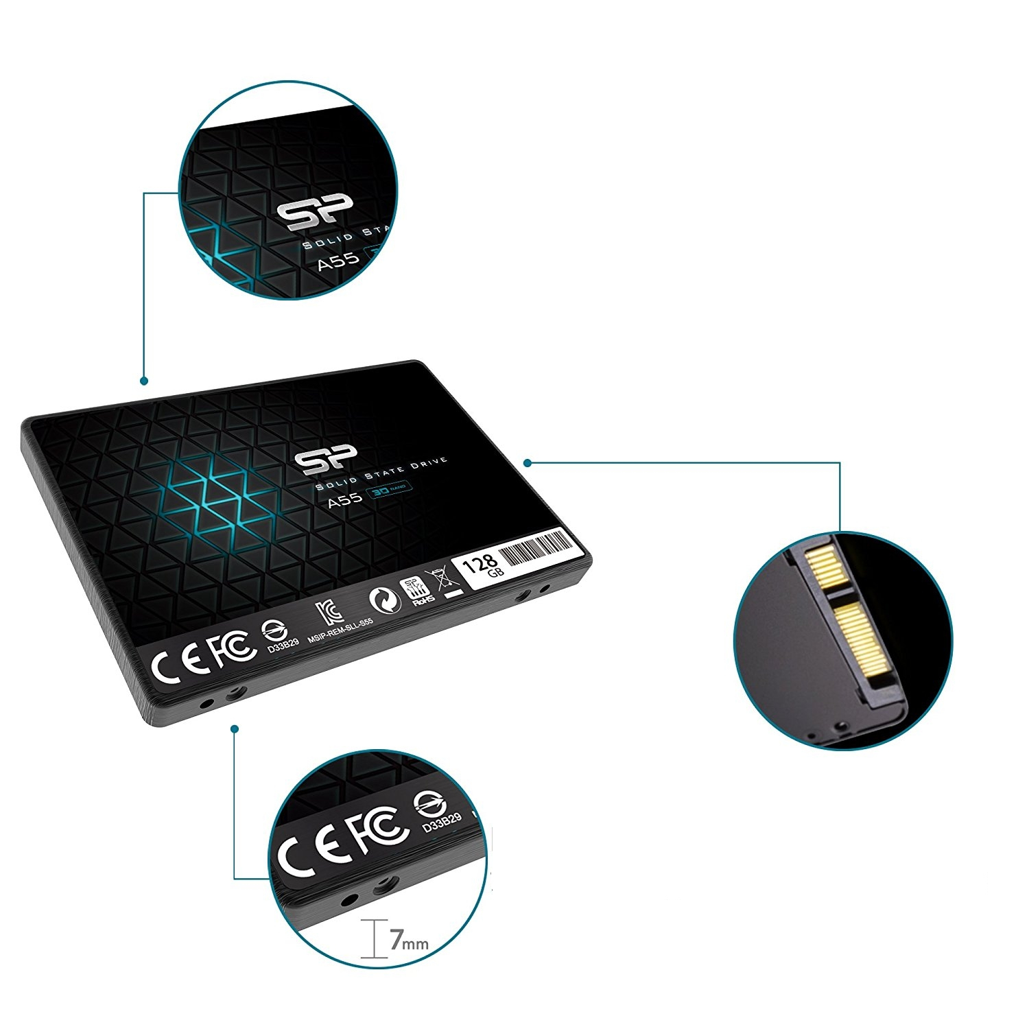 Czarny dysk SSD SP A55 o pojemności 128 GB ze złączem SATA.