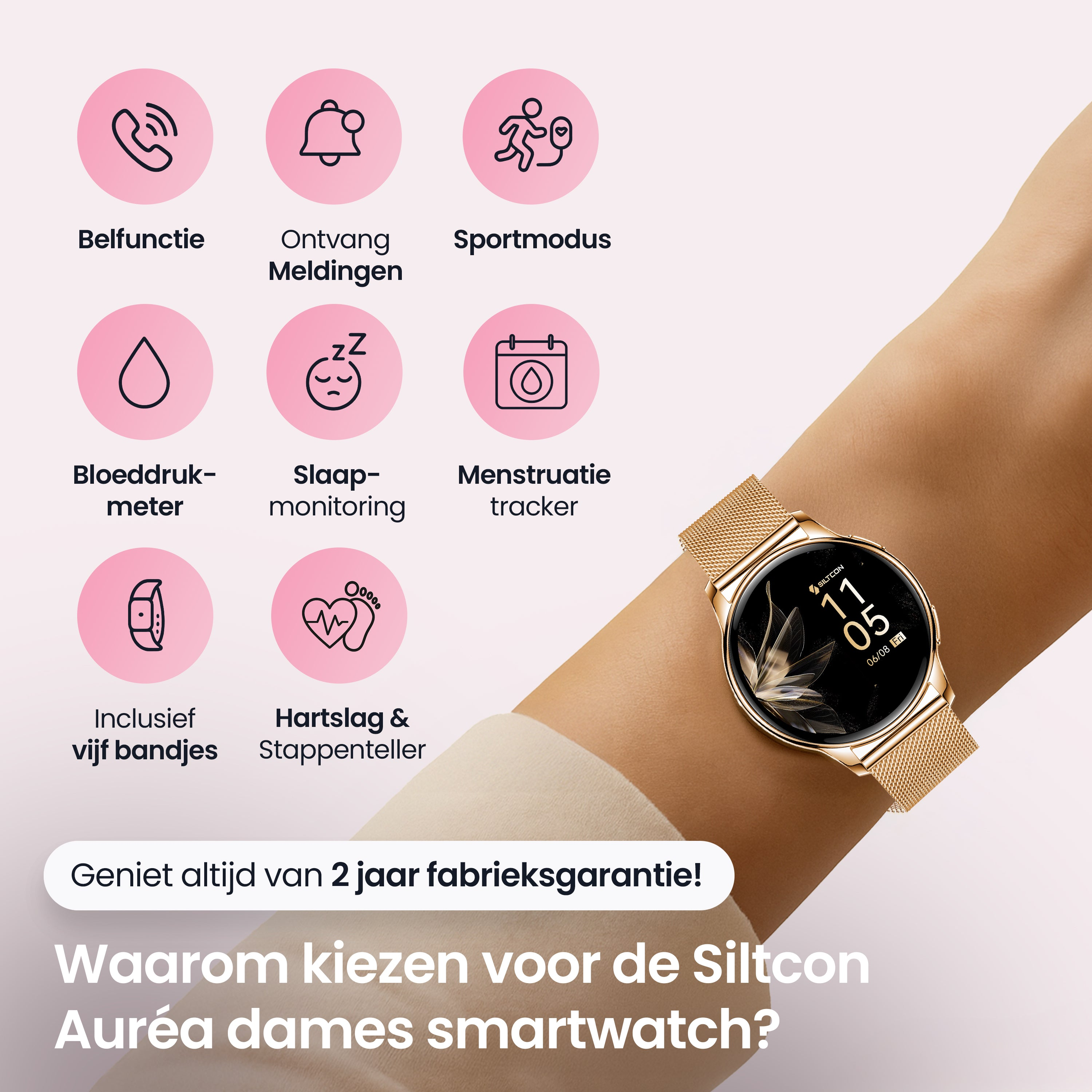 Een gouden smartwatch om de pols toont tijd en datum. Iconen: bellen, meldingen, sport, bloeddruk, slaap, cyclus, bandjes, stappen.