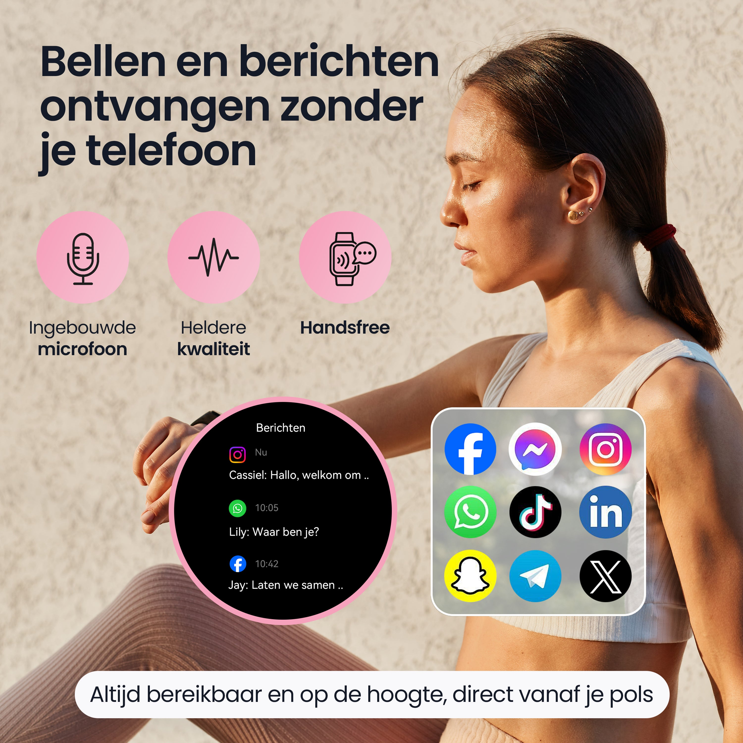 Een vrouw met een smartwatch-display dat berichten en app-pictogrammen toont.
