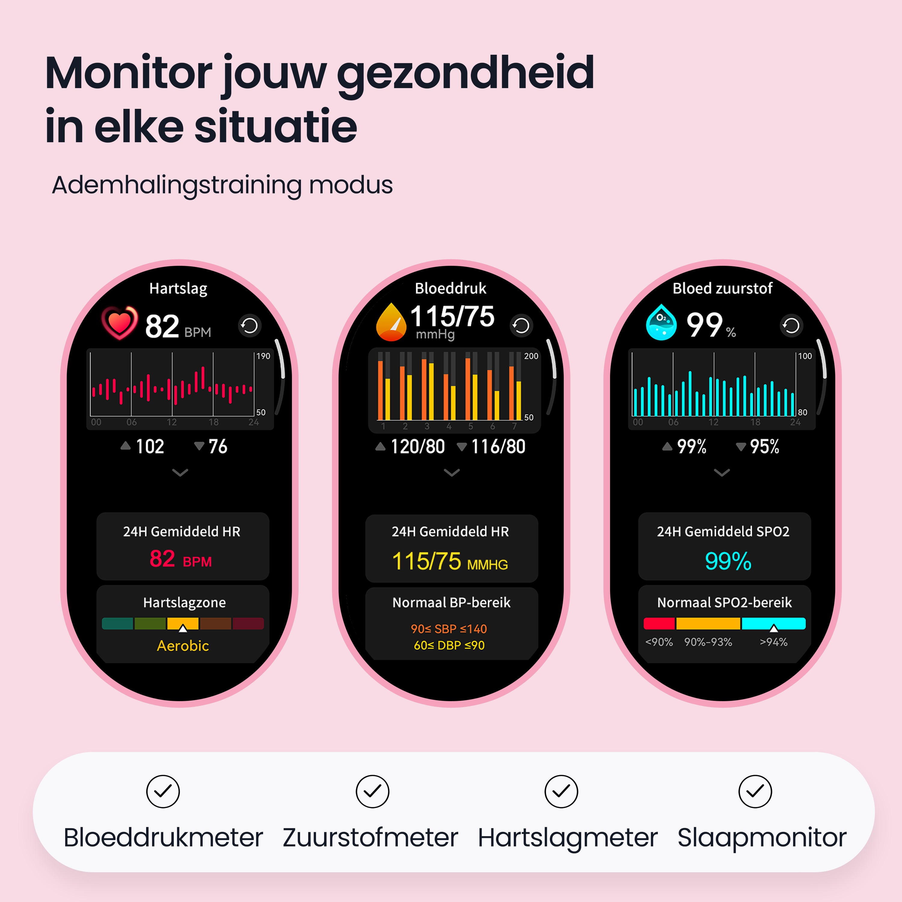 Drie gezondheidsapps op één scherm: hartslag, bloeddruk en zuurstof.