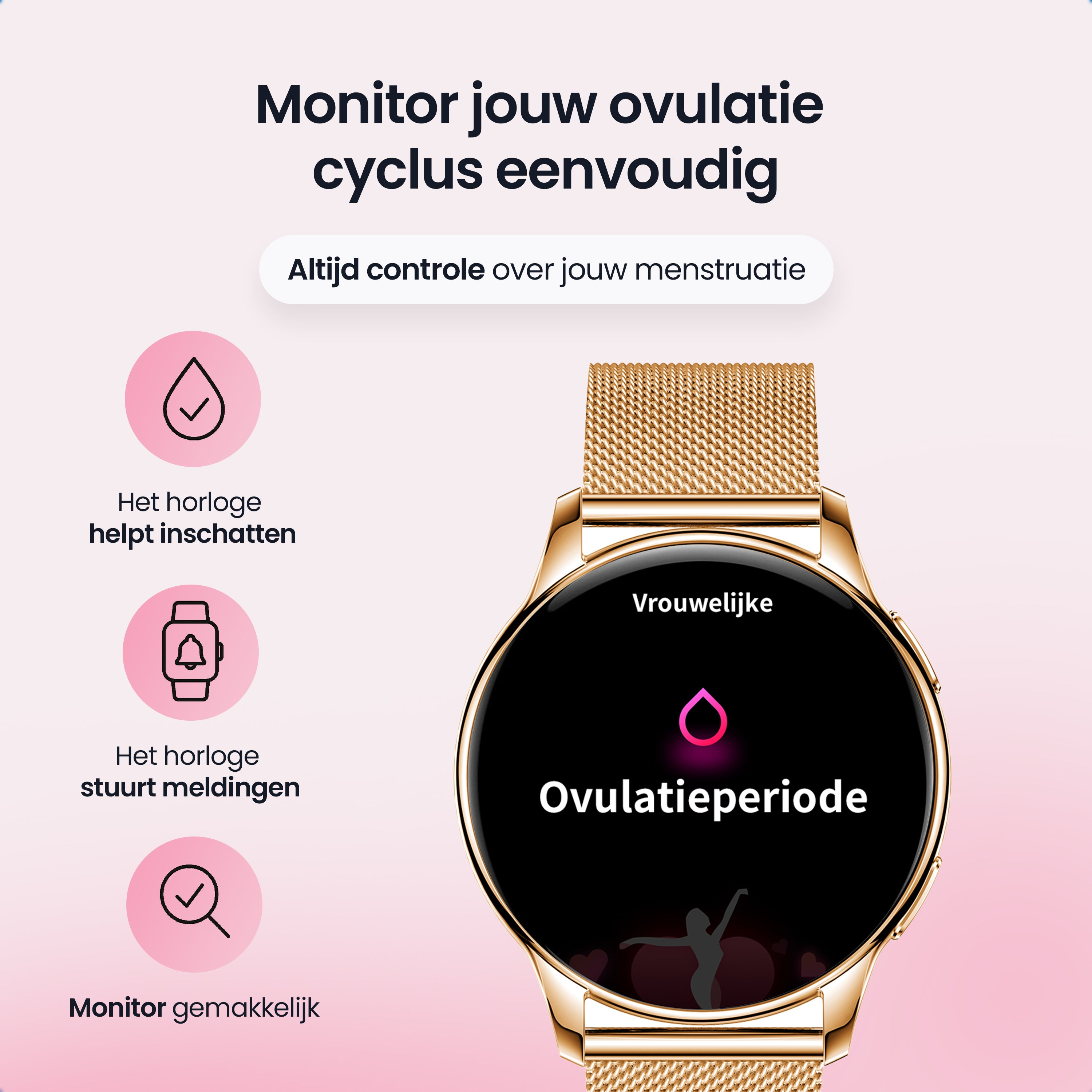 Gouden smartwatch toont ovulatieperiode. Iconen leggen functies uit.