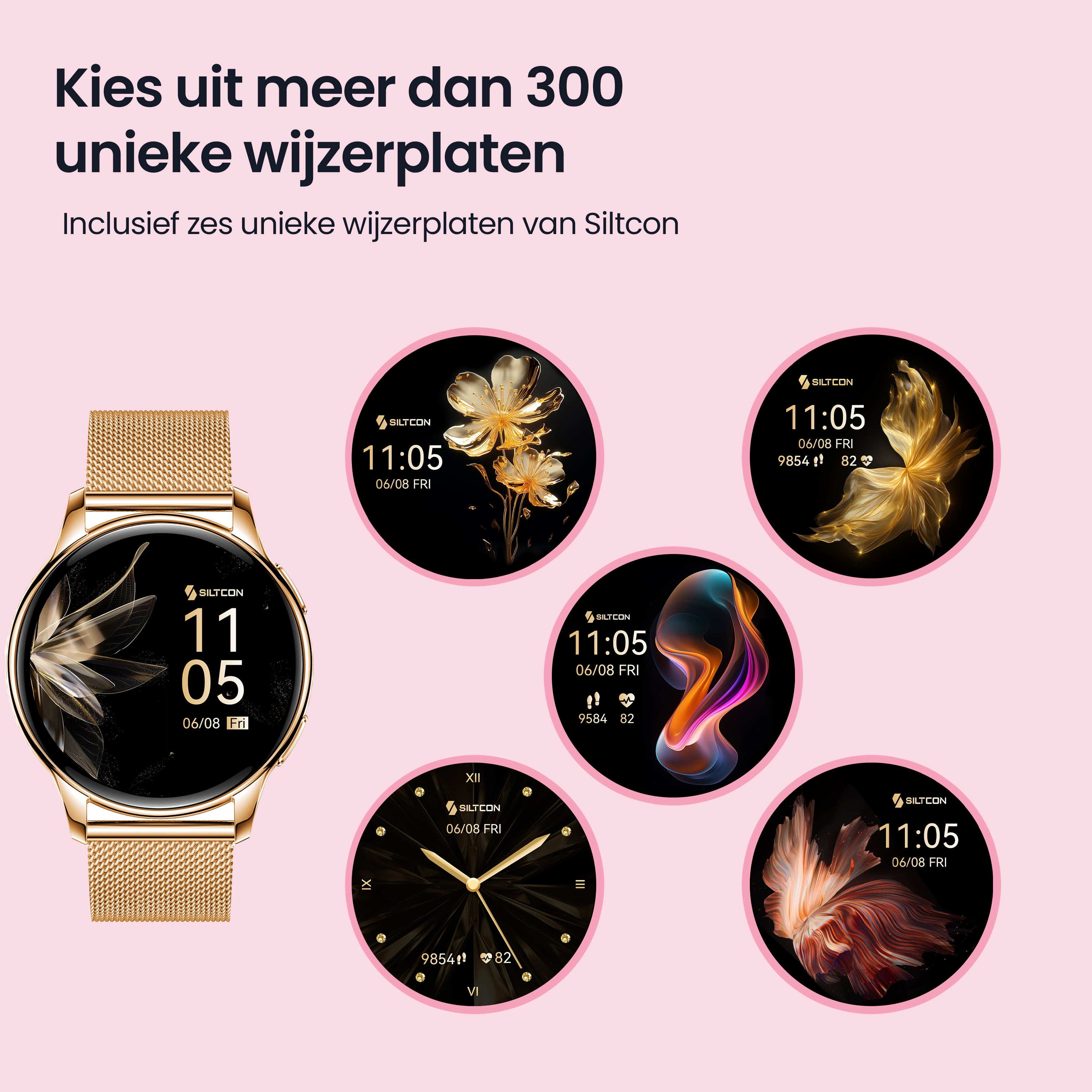 Een gouden smartwatch met meerdere wijzerplaten, waaronder bloemrijke en abstracte ontwerpen.