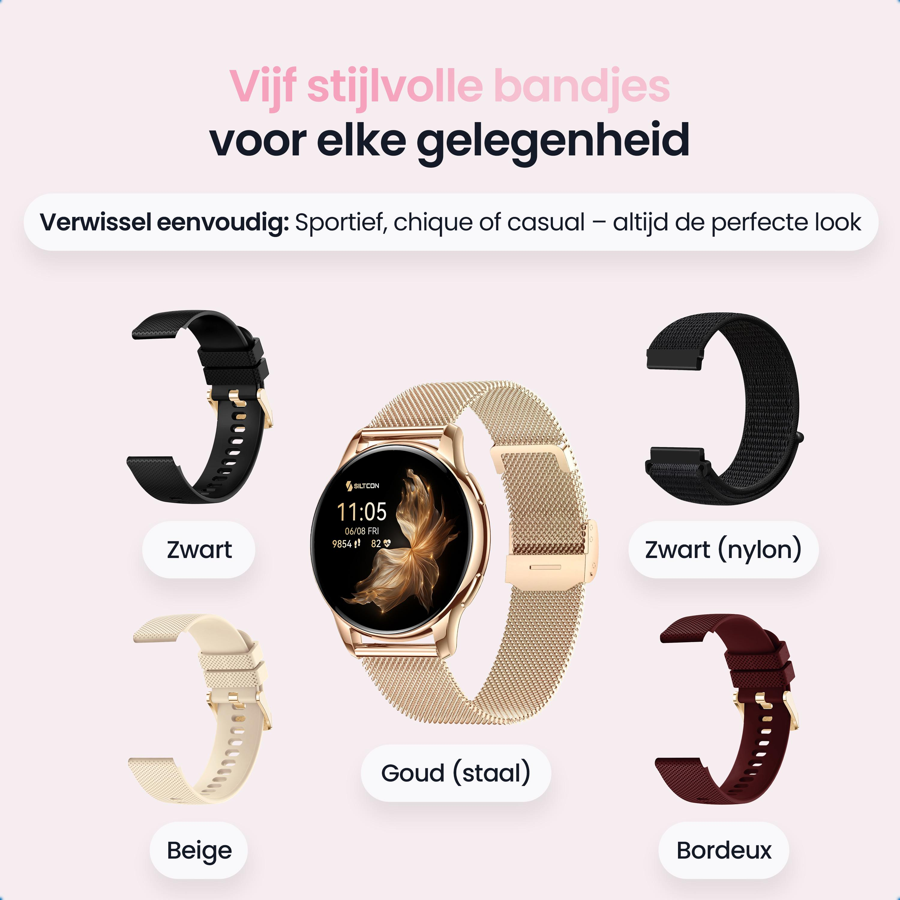Een roségouden smartwatch met Milanese band, plus vier alternatieve horlogebandjes.