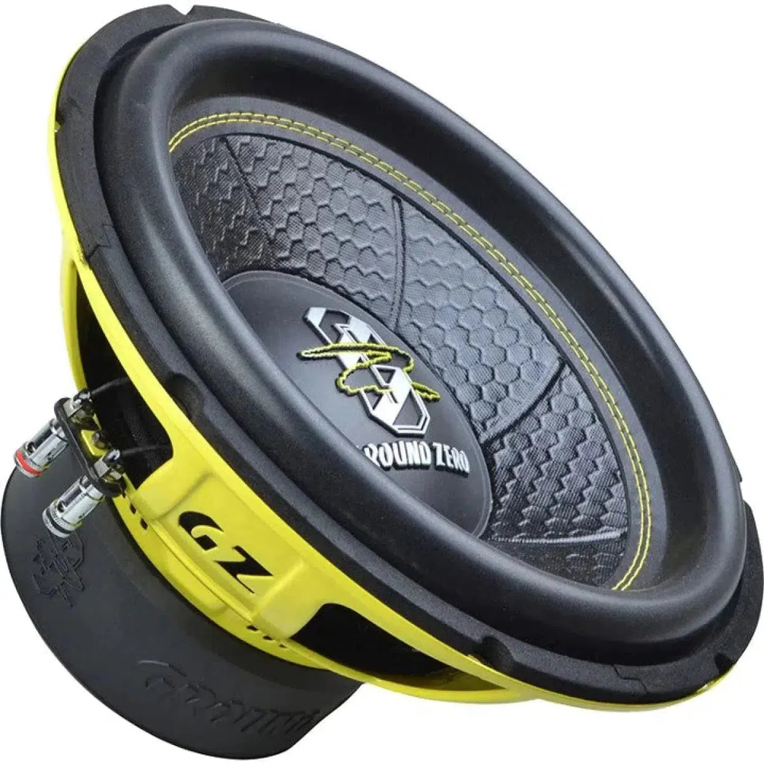 Un altoparlante subwoofer giallo e nero con cono testurizzato e logo Ground Zero.