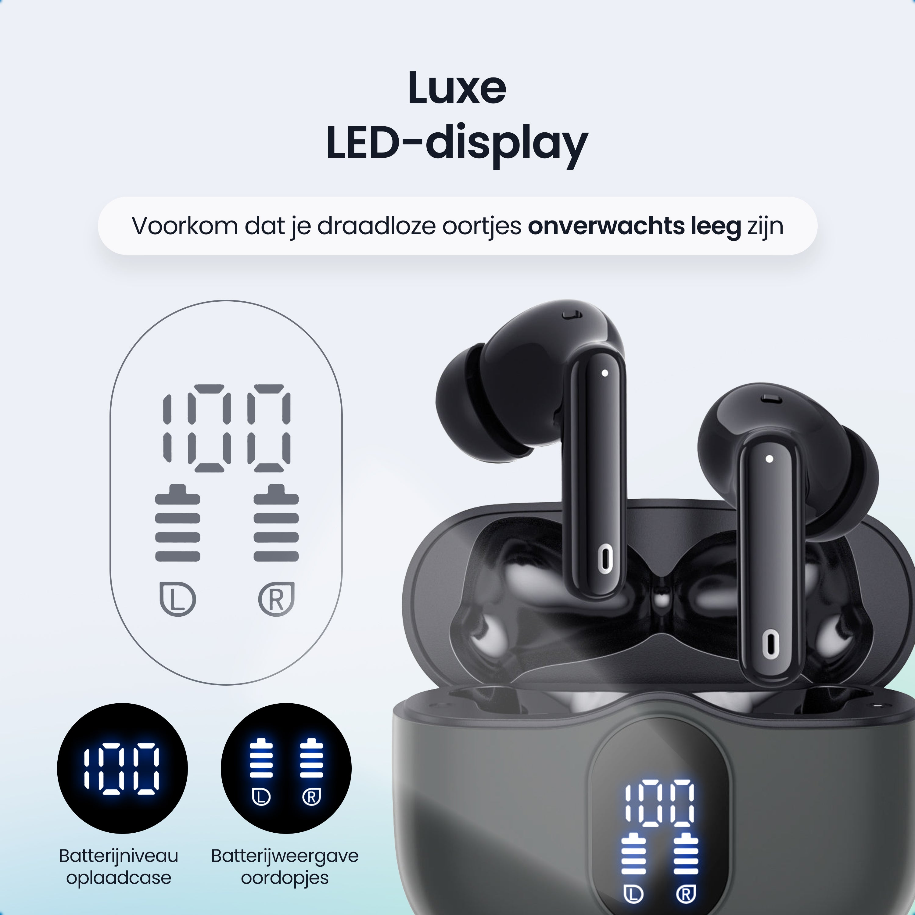 Zwarte draadloze oordopjes en oplaadcase tonen batterijniveaus met Luxe LED-display.