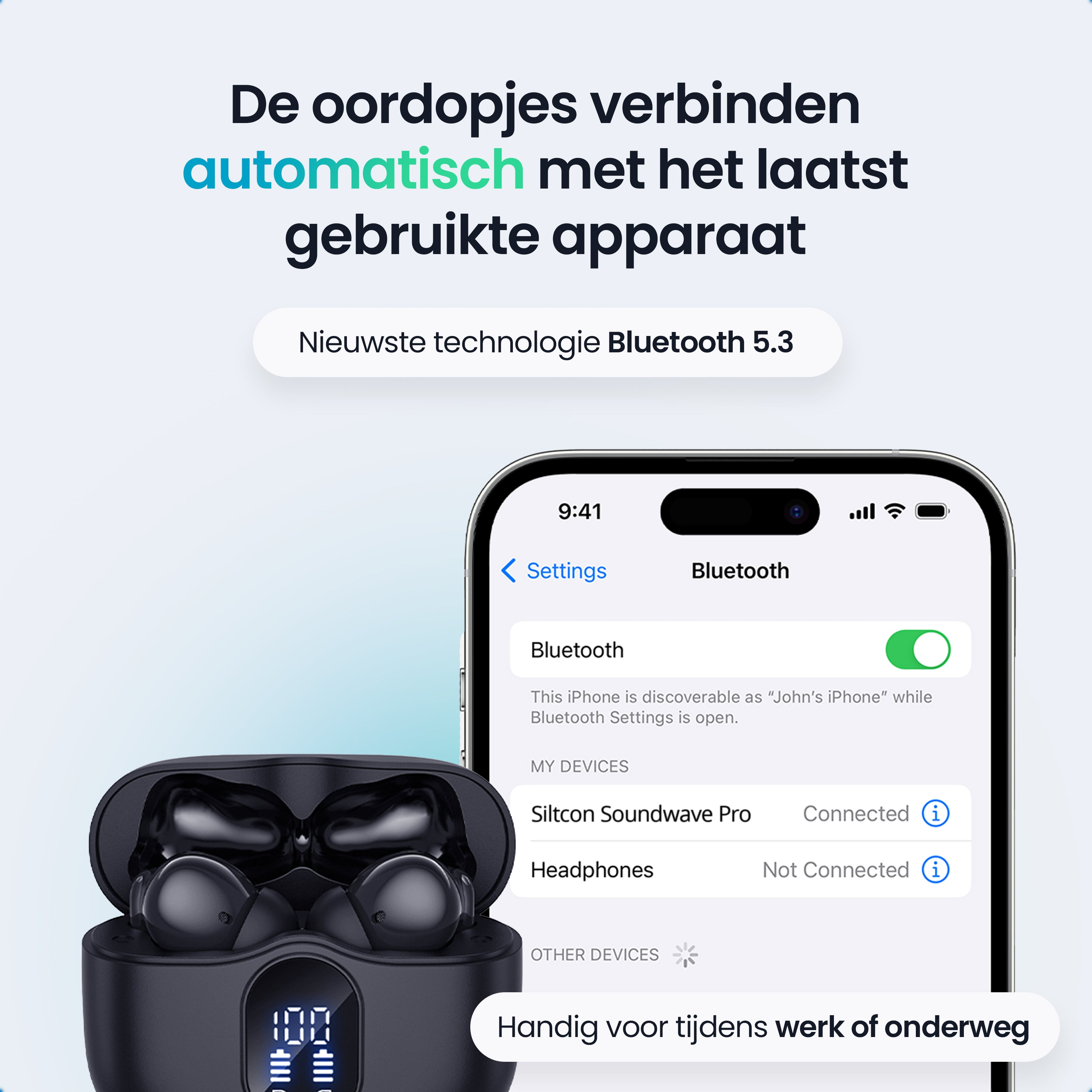 Zwarte oordopjes in oplaadcase, iPhone toont Bluetooth-instellingen.