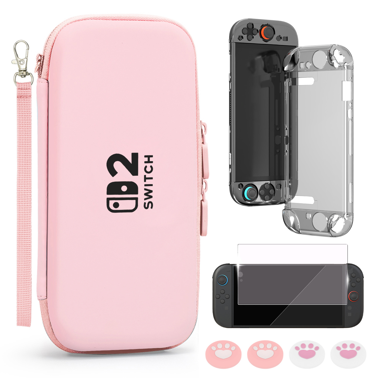 Custodia rosa Switch con logo '2 Switch', custodia trasparente e Switch Lite con protettore.
