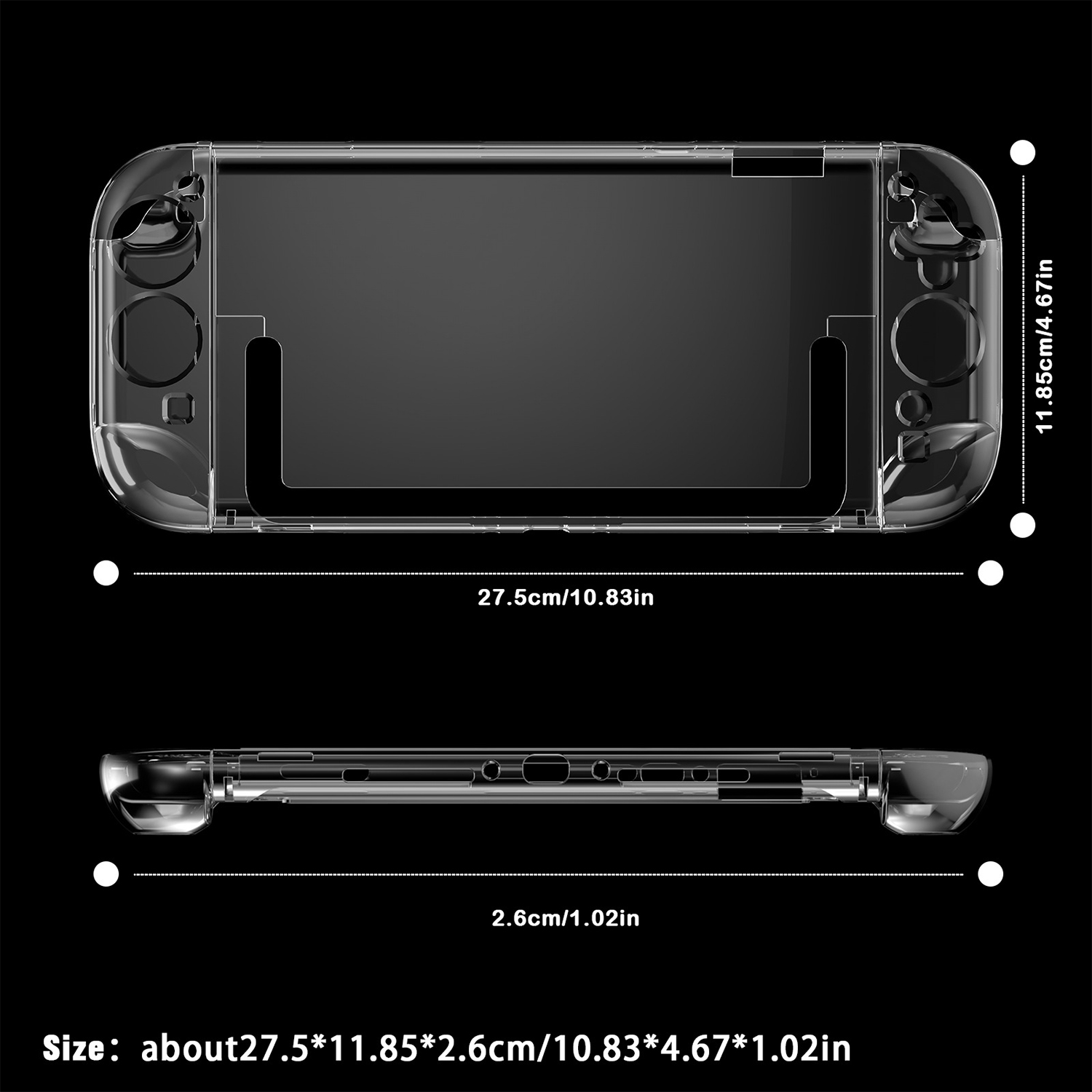 Custodia in plastica trasparente per Nintendo Switch. Vista dall'alto, laterale e dimensioni.