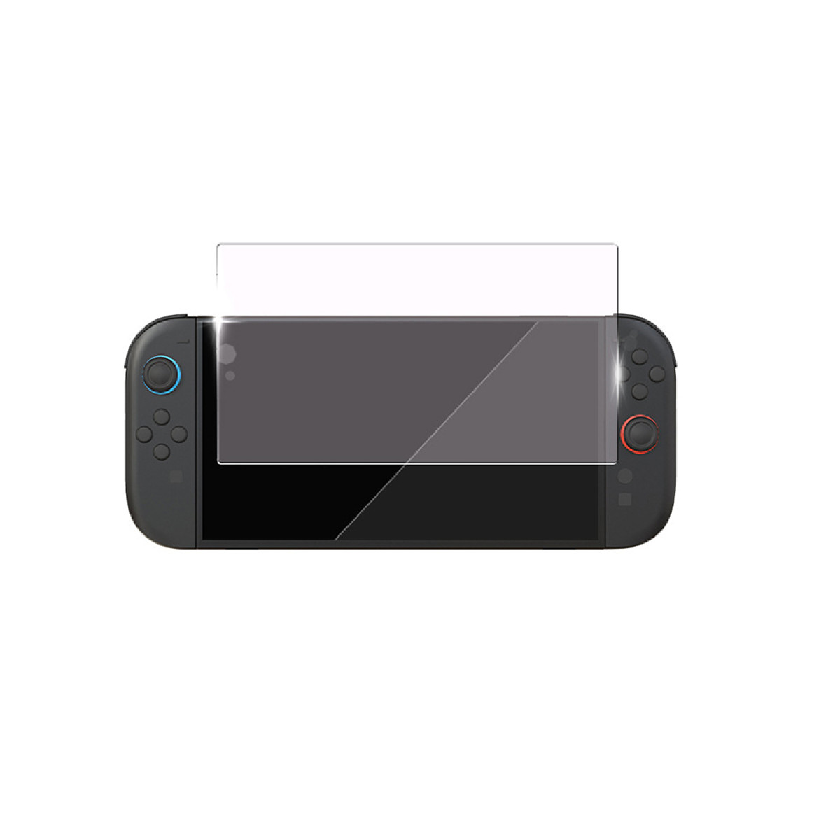 Una protezione schermo trasparente è posta sullo schermo di una console da gioco nera.