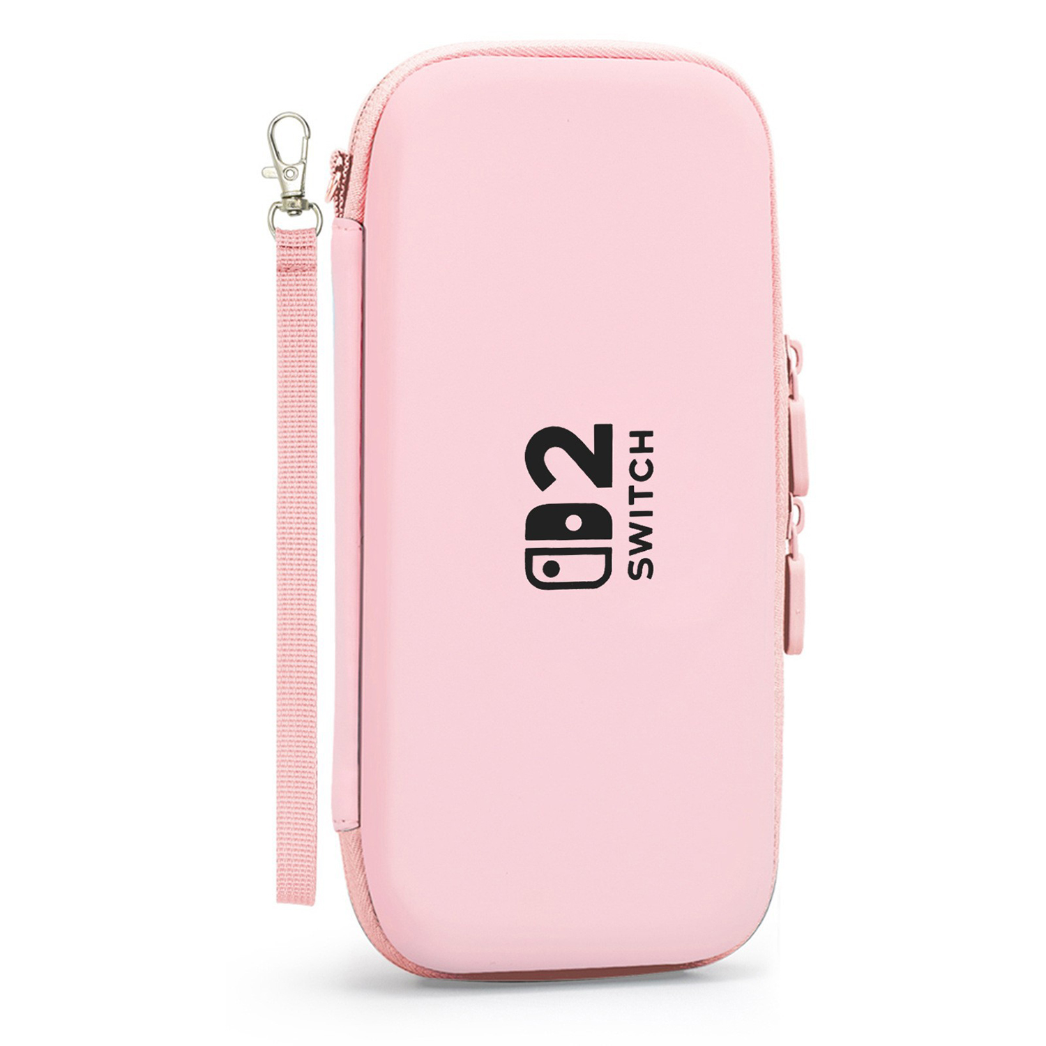 Una custodia rosa per Nintendo Switch con logo nero e laccetto.