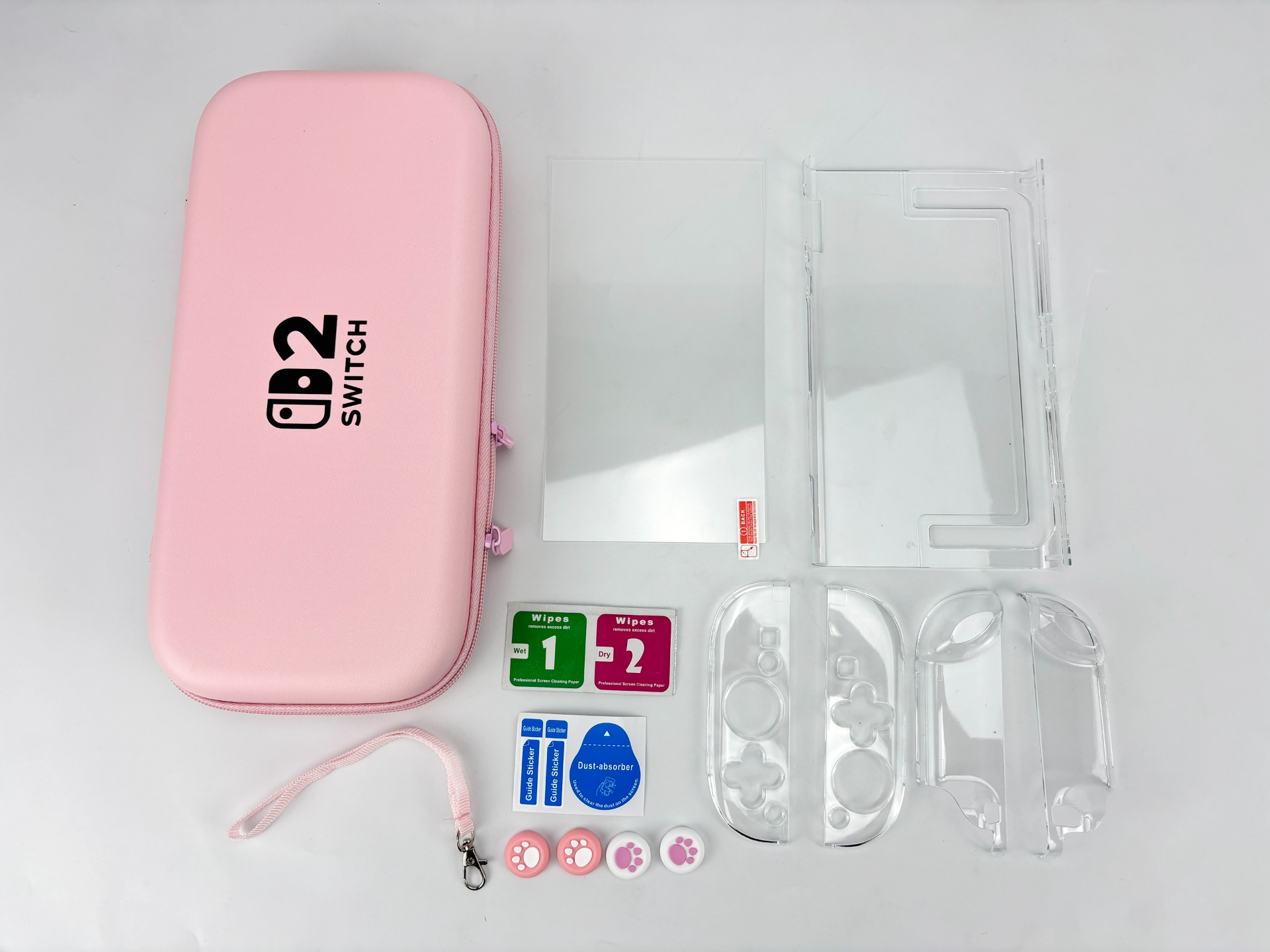 Custodia rosa per Nintendo Switch e accessori: proteggischermo, copri Joy-Con, salviette, adesivi.