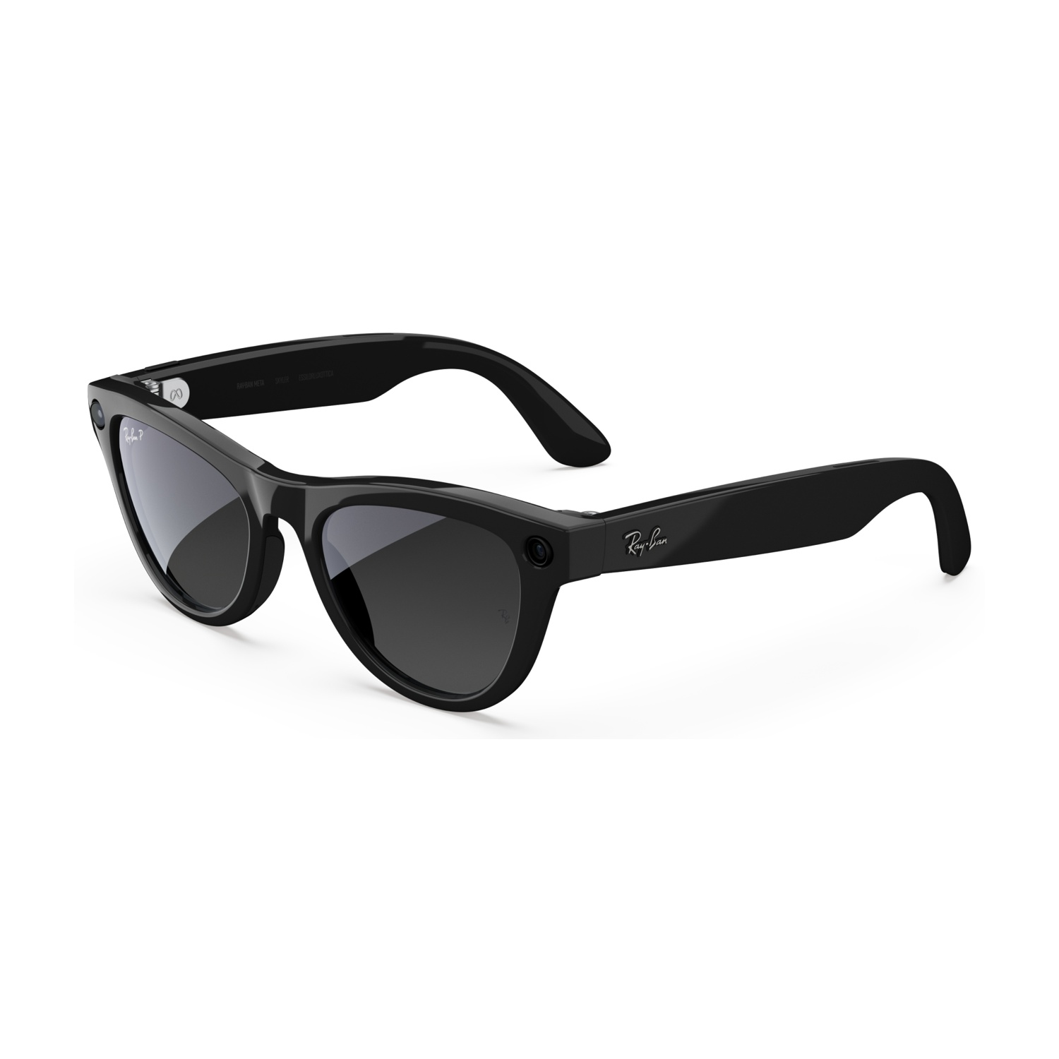 Schwarze Ray-Ban Smartglasses mit zwei Kameras und silbernem Scharnier.