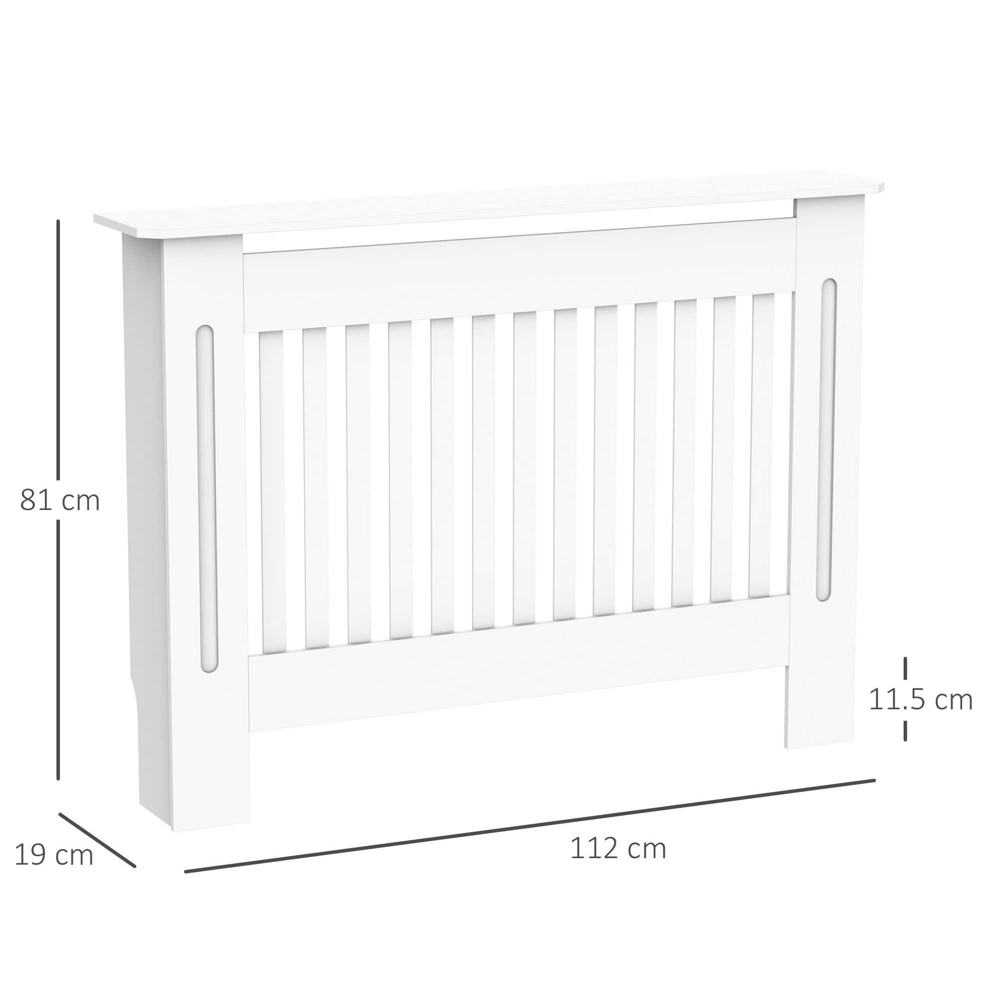 Una copertura per termosifone bianca con stecche verticali. Dimensioni: 81x112x19 cm.