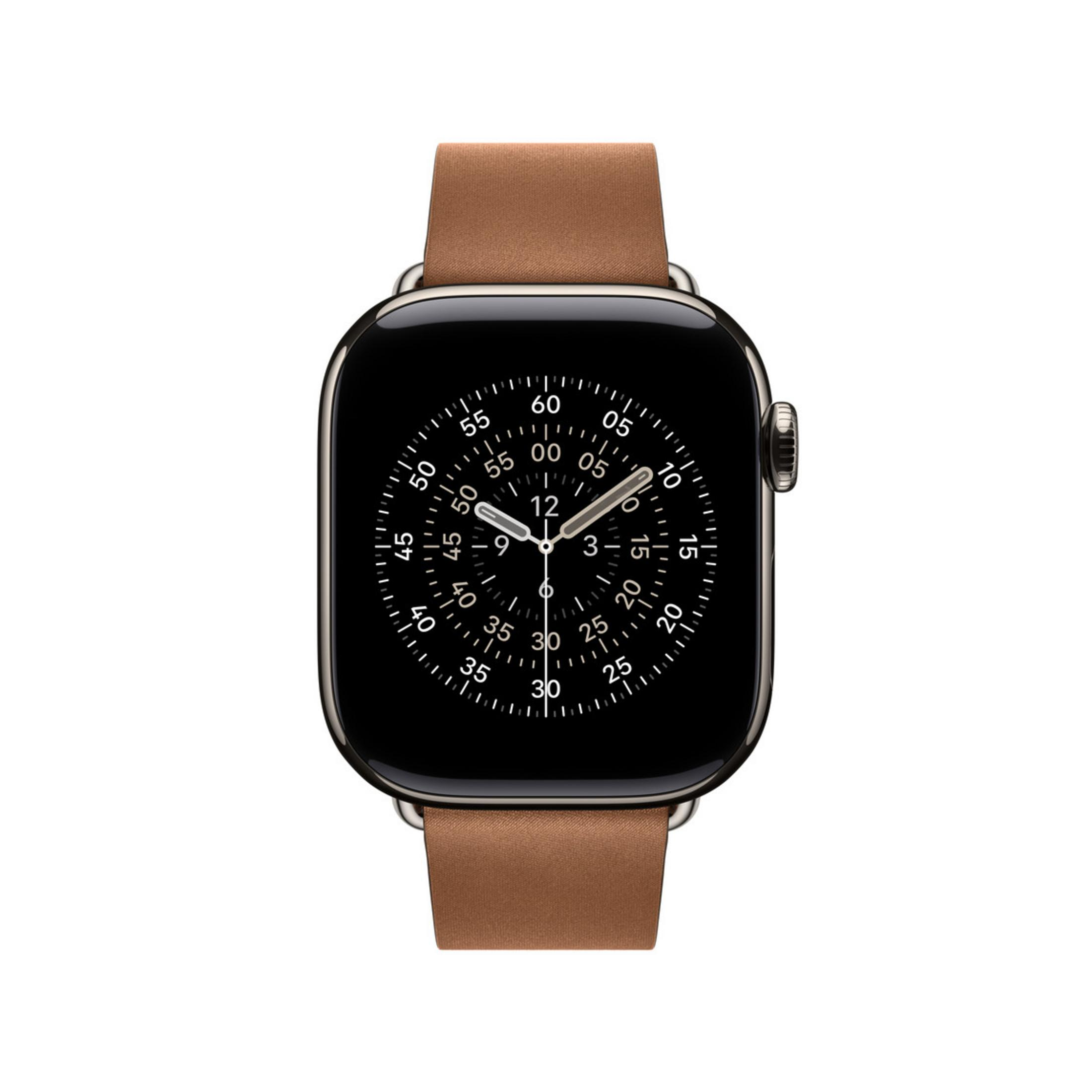 Uno smartwatch con cinturino in pelle marrone e quadrante nero con indici bianchi.